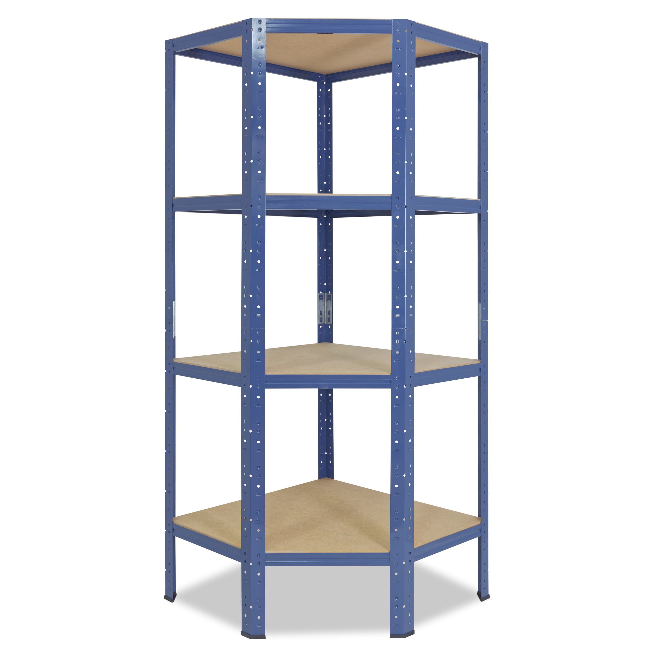 shelfplaza Eckregal HOME, 155x70x40cm blau, Metall Eckregal stehend mit 4 Böden, Corner Shelf 175kg Tragkraft Schwerlastregal Ecke, Steckregal verzinkt Eckregal Keller Garagen Regal