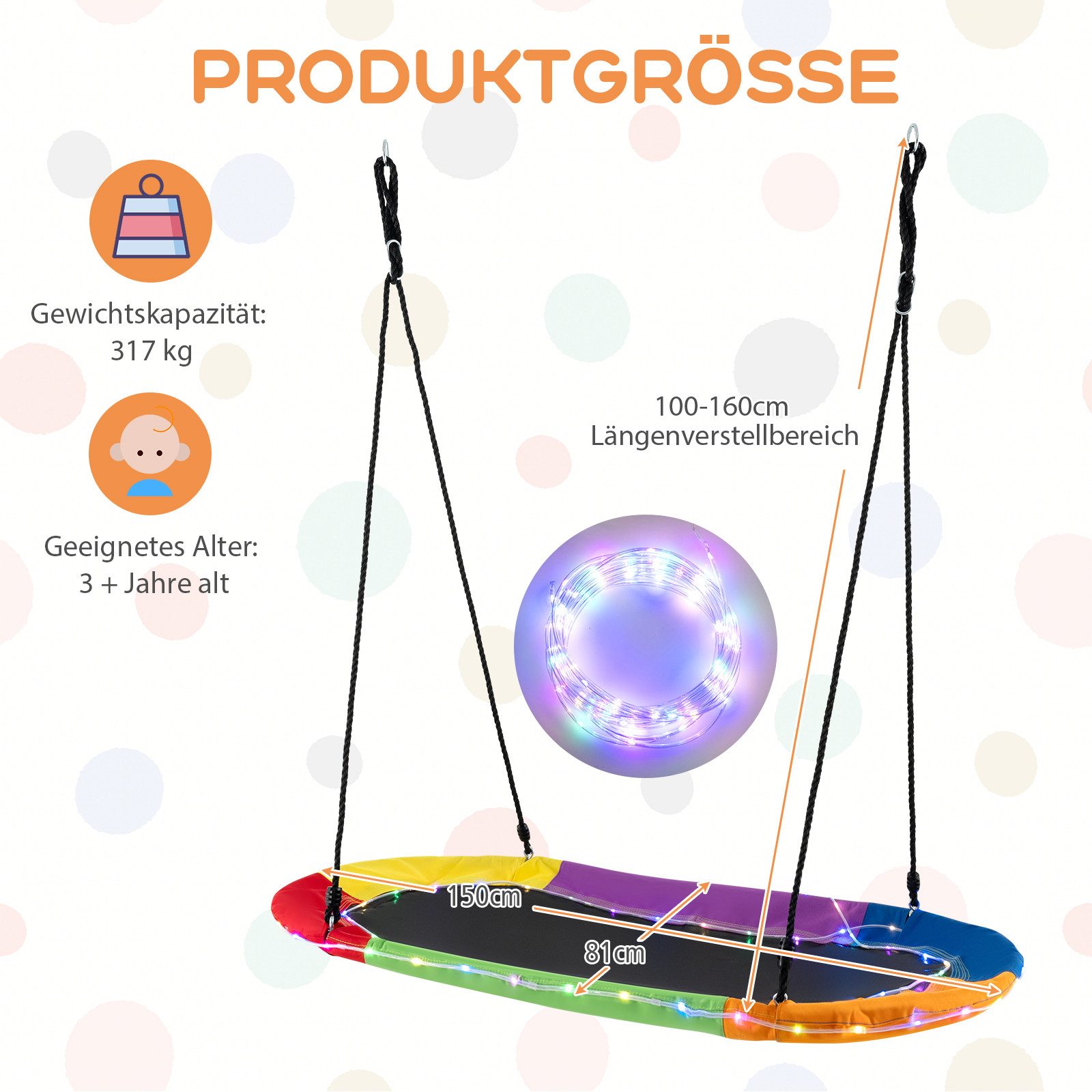 KOMFOTTEU Nestschaukel, Hängeschaukel Kinderschaukel mit LED-Lichtern bis 150 kg Belastbar