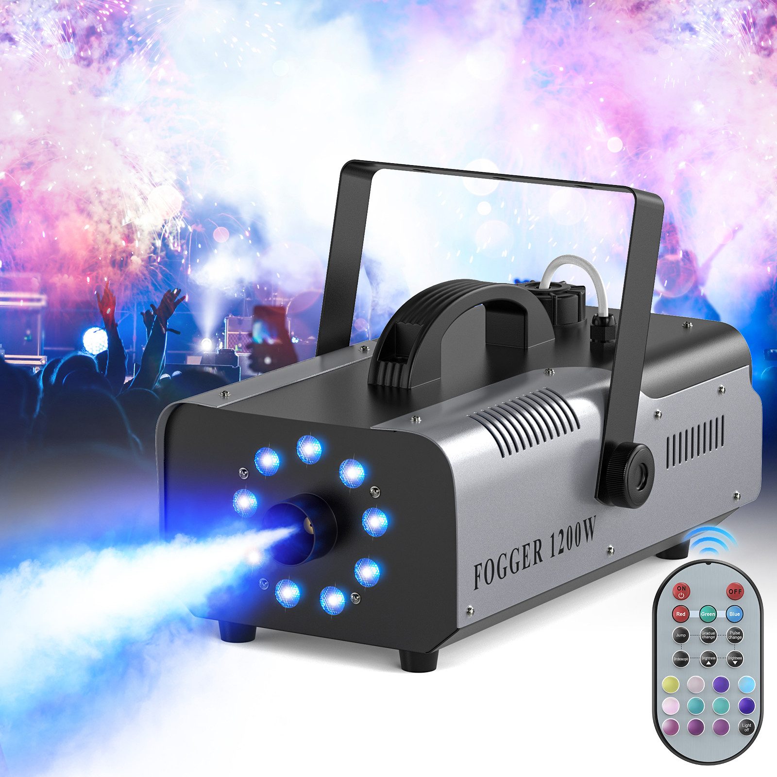ZonQoonz Discolicht 1200W Nebelmaschine mit 9 RGB-LEDs und Fernbedienung – für Festivals