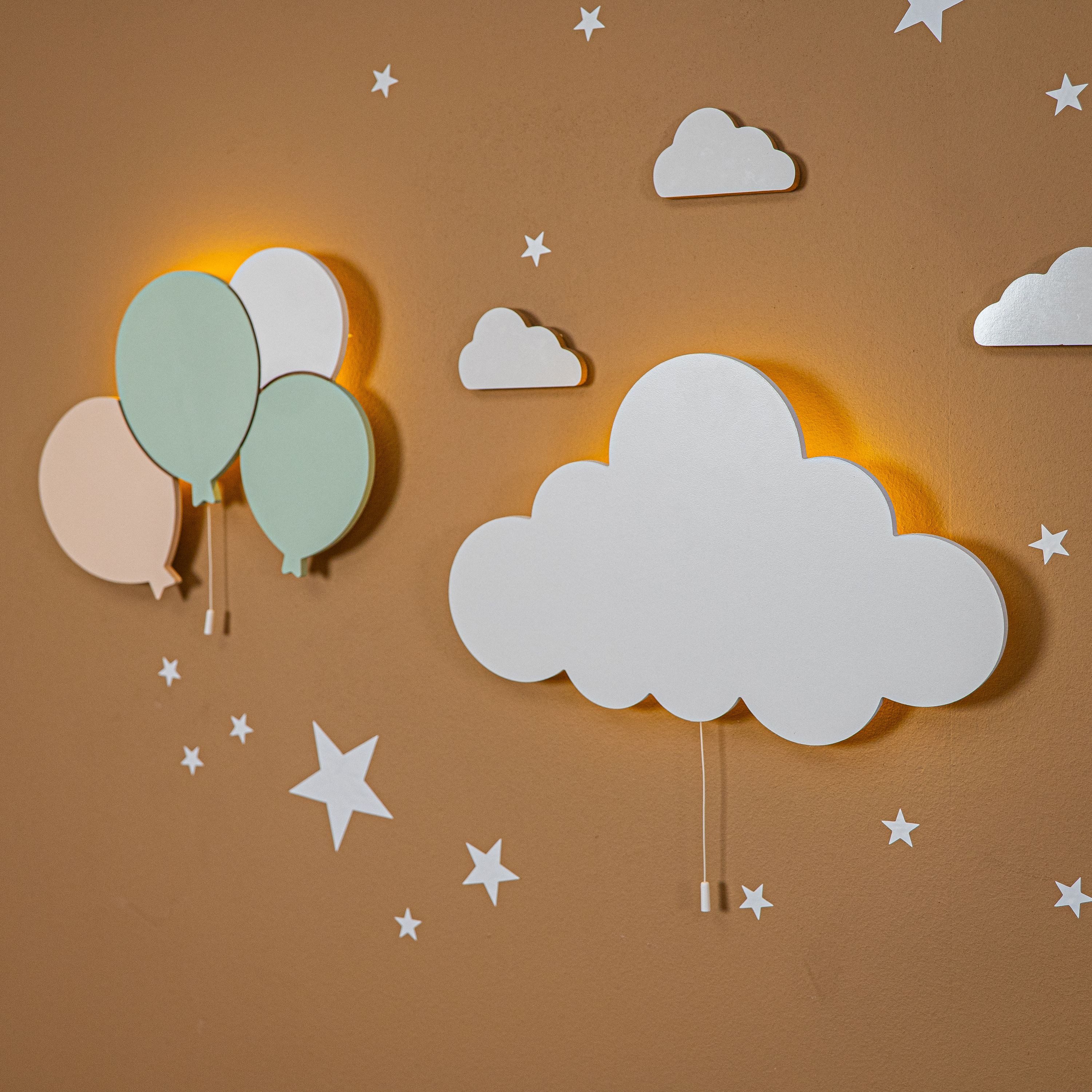 COZYCOLLECTIONS LED Wandleuchte LED-Wandnachtlicht grünen Balloons und Wolke in Holzoptik, LED, Warmweiß, Montessori-Design: ruhige Formen, warmes LED, kabellos