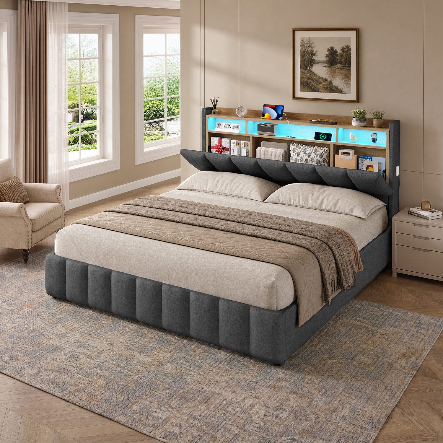 KIMENICH Polsterbett mit LED Beleuchtung und Ladefunktion (1-tlg., Ohne Matratze), Jugendbett Hydraulisches Stauraumbett, 160x200 cm – Bild 3 von 5