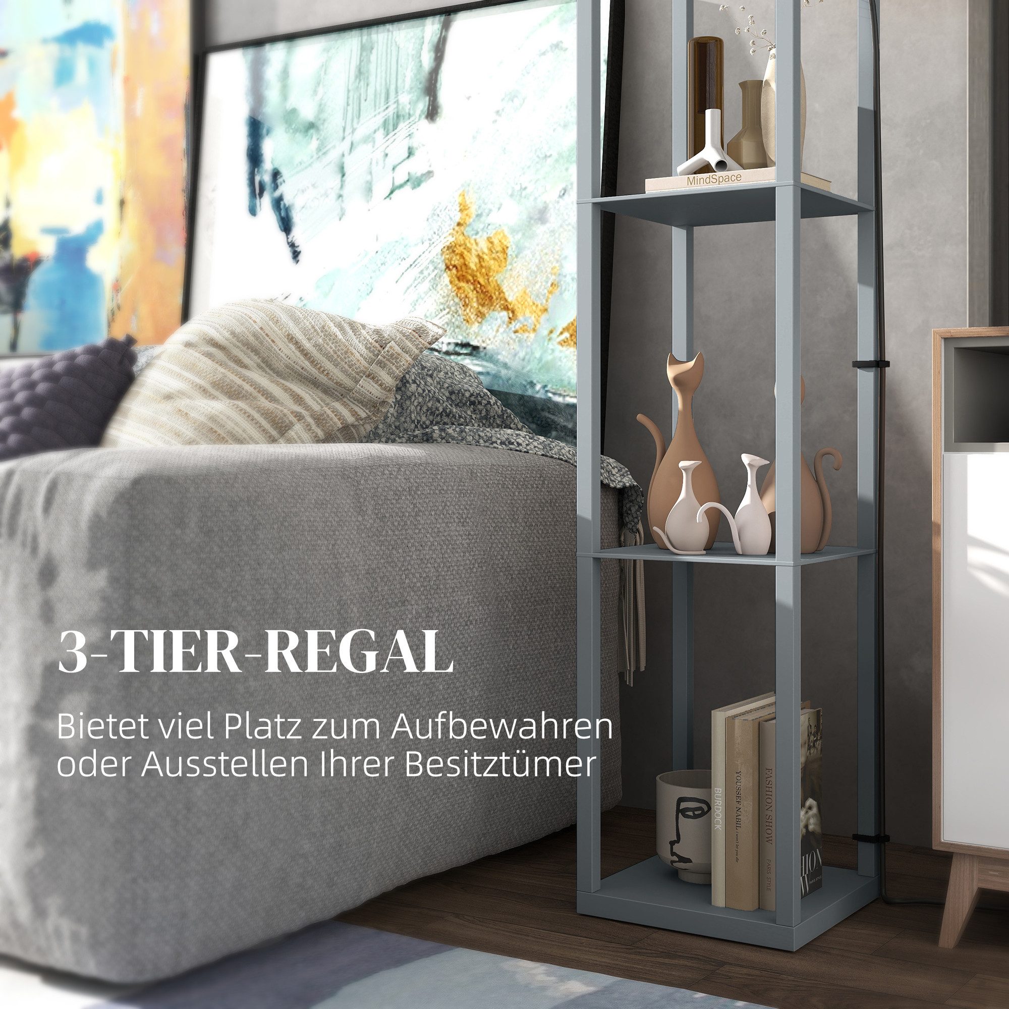 HOMCOM Stehlampe mit Regale, ohne Leuchtmittel, 3 Fächer Stauraum, Hellgrau+Weiß