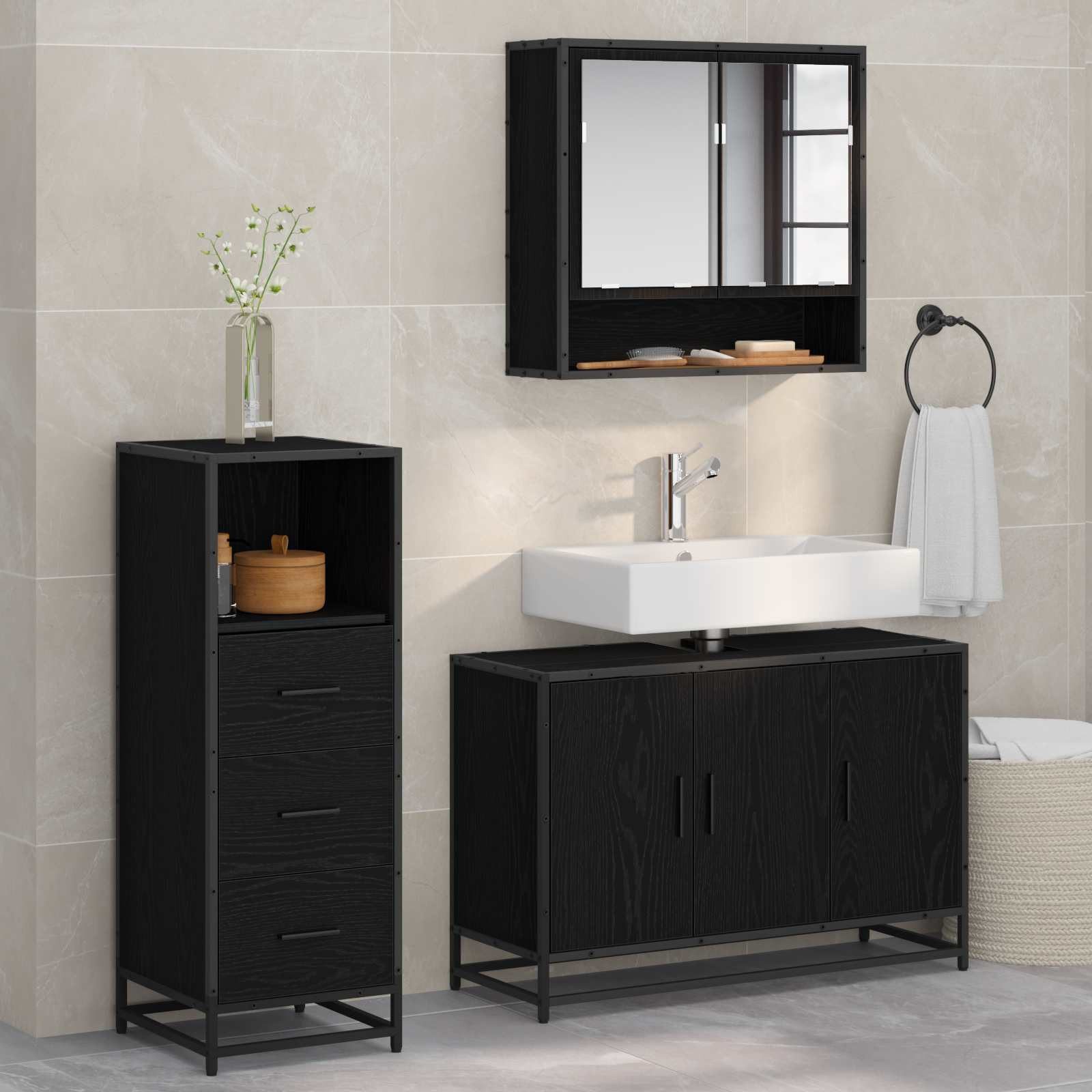 vidaXL Badezimmer-Set Badezimmermöbel-Set 3 Stk. Schwarz Eichen-Optik Holzwerkstoff, (3-St)