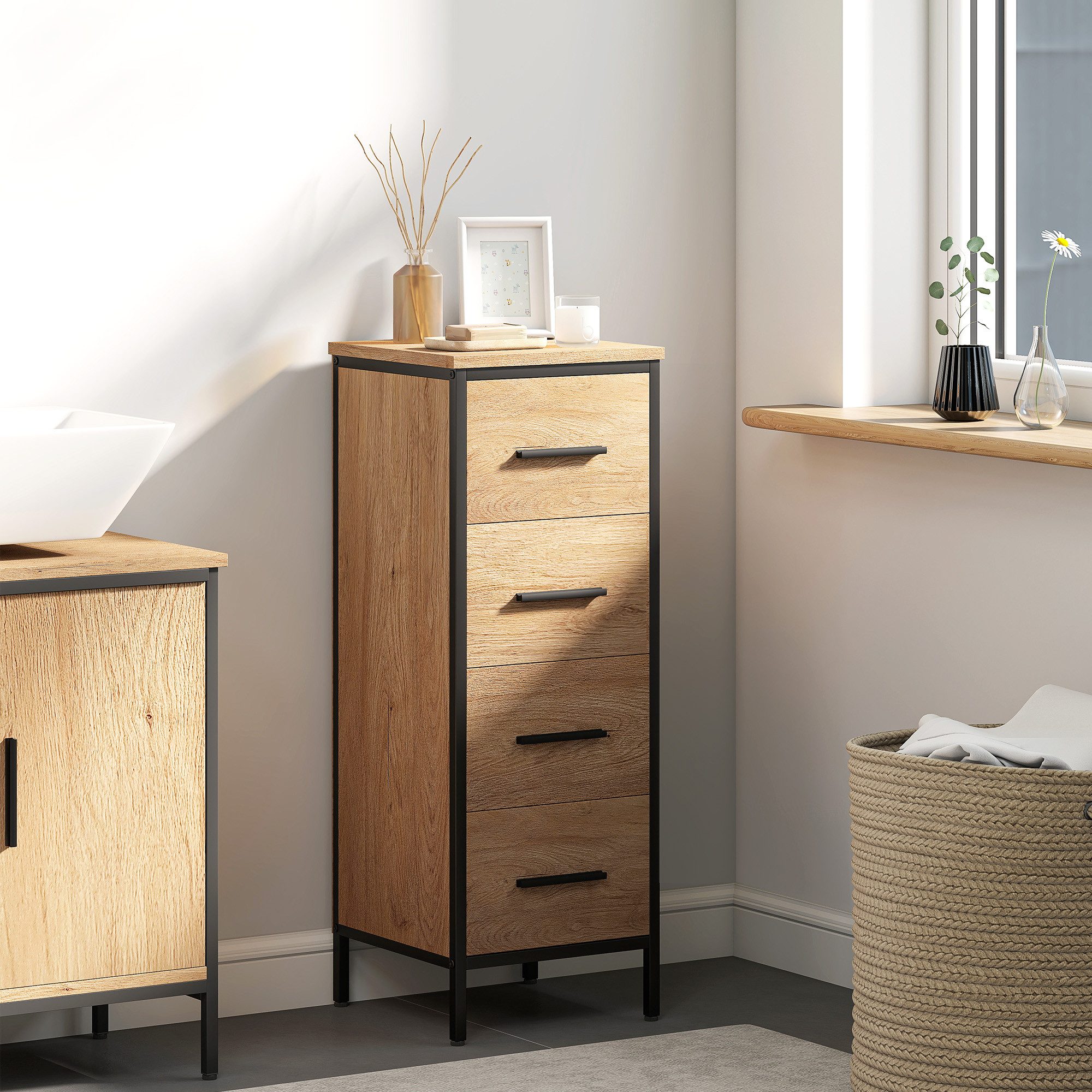 HOMCOM Badkommode mit 4 Schubladen (Badezimmerschrank, 1 St., schmal Badschrank), für Badezimmer, kleine Räume, 30 x 30 x 82 cm, Eiche