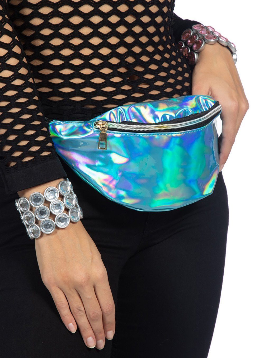 Metamorph Bauchtasche 80er Kostüm Bauchtasche türkis - Fasching Karneval, Stylische und praktische Gürteltasche mit irisierendem Glanzeffekt