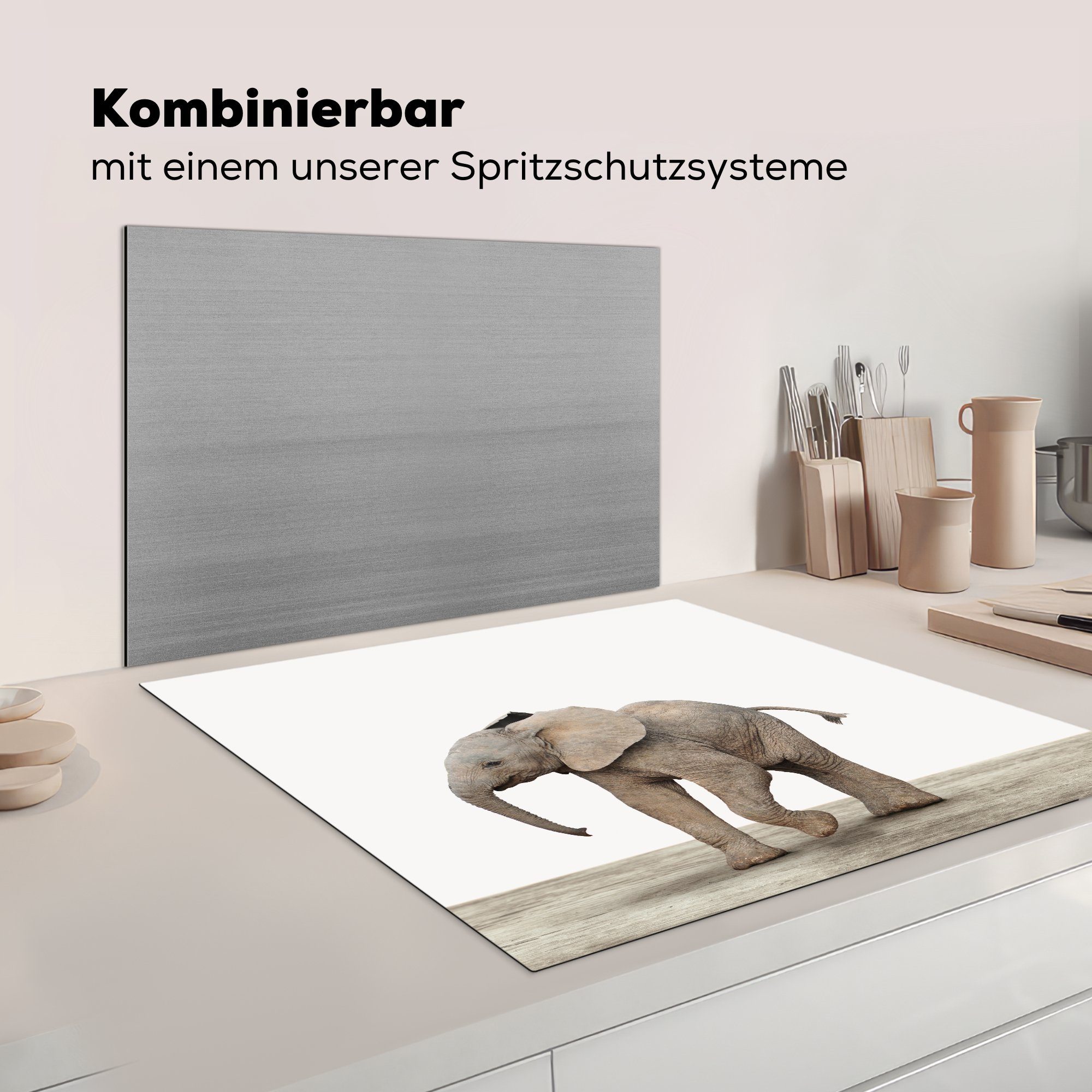 Arbeitsplatte - (1 78x78 Grau Tiere für Herdblende-/Abdeckplatte Vinyl, MuchoWow Elefant, tlg), - Ceranfeldabdeckung, cm, küche