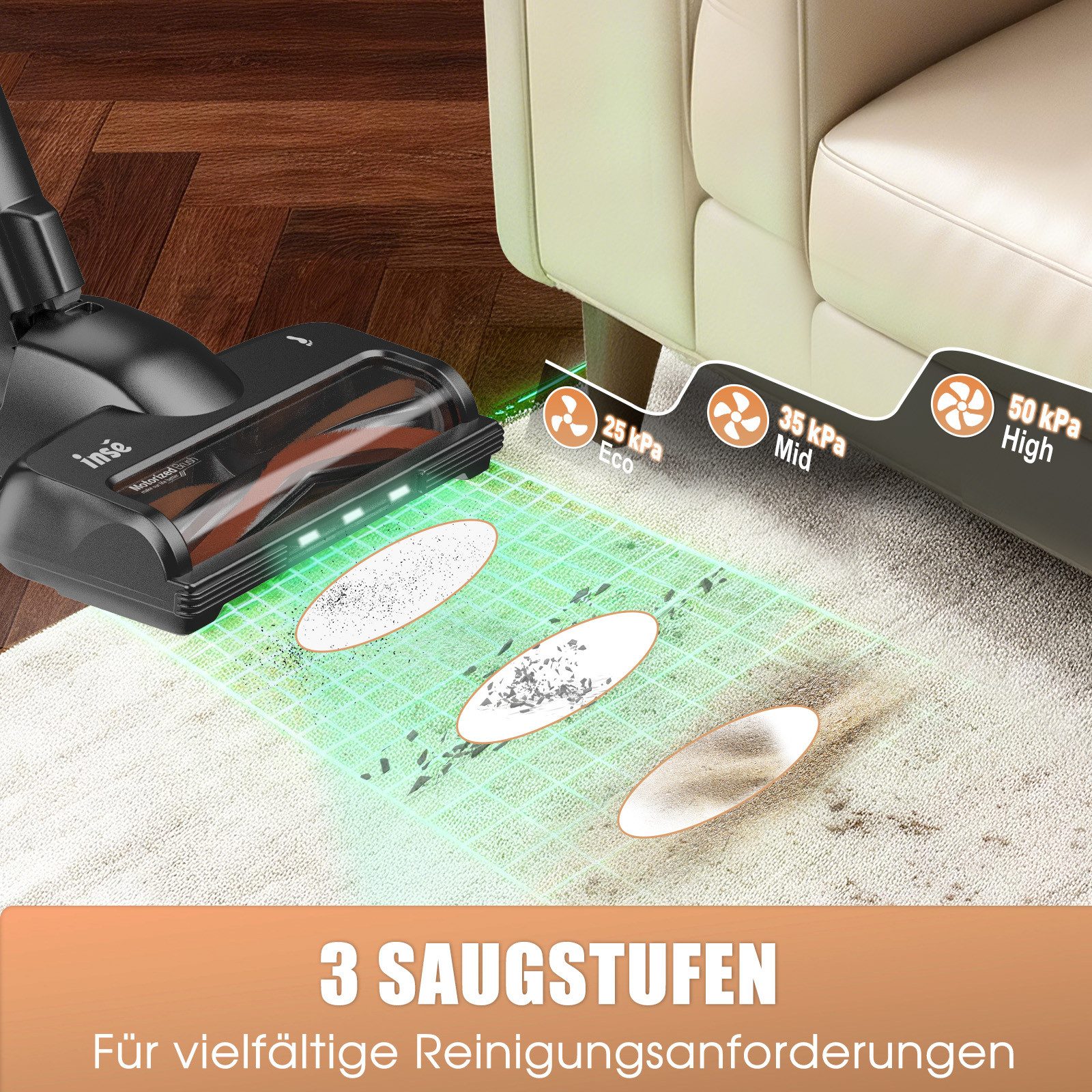 INSE Akku-Hand-und Stielstaubsauger Akku Staubsauger 50000Pa/1.2 L/60 Min, Staubsauger Kabellos, 1,2L Staubbehälter, mit LED Display,3 Saugstufen,Akkusauger, 2500mAh Für Teppich,Tierhaare