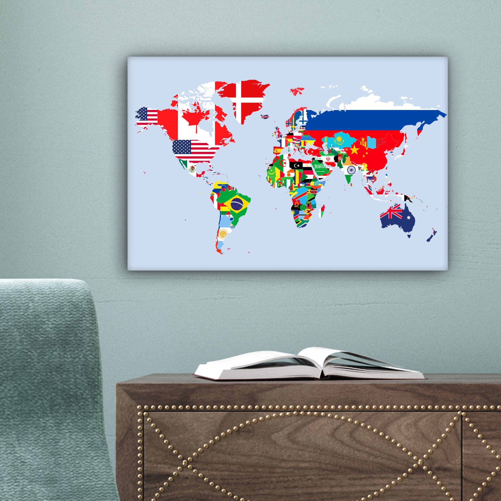 OneMillionCanvasses® Leinwandbild Welt Aufhängefertig, cm Karte - Wandbild Leinwandbilder, (1 Flagge 30x20 - Länder, St), - Wanddeko