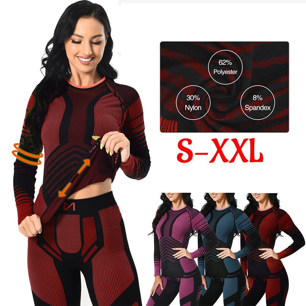 MEETYOO Thermounterhemd Damen Thermounterwäsche Set Thermohemd + Thermohose (Thermo Unterwäsche, Funktionswäsche) Skiunterwäsche S-XL Rot