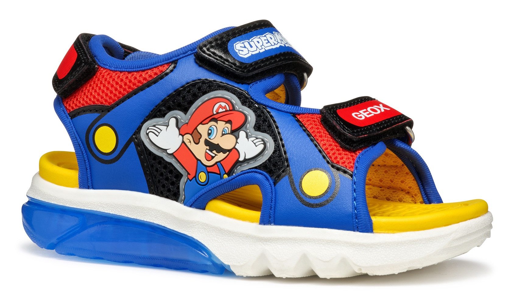 Geox J SANDAL CIBERDRON B Blinkschuh Sandale, Klettschuh in buntem Design mit Super Mario Motiv und Blinkfunktion
