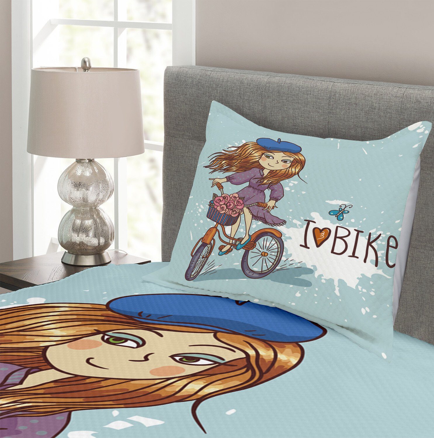 mit Abakuhaus, Tagesdecke Set Retro Fahrrad Waschbar, Karikatur-Mädchen mit Kissenbezügen