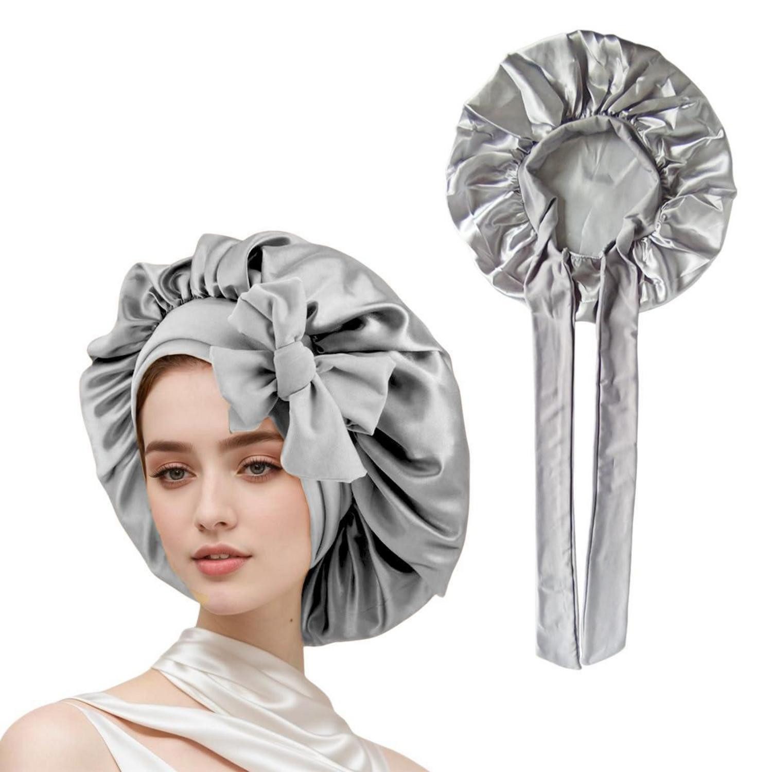 LuxusKollektion Duschhaube Schlafhaube Damen Satin Seide Bonnet verstellbar elastisch Silber