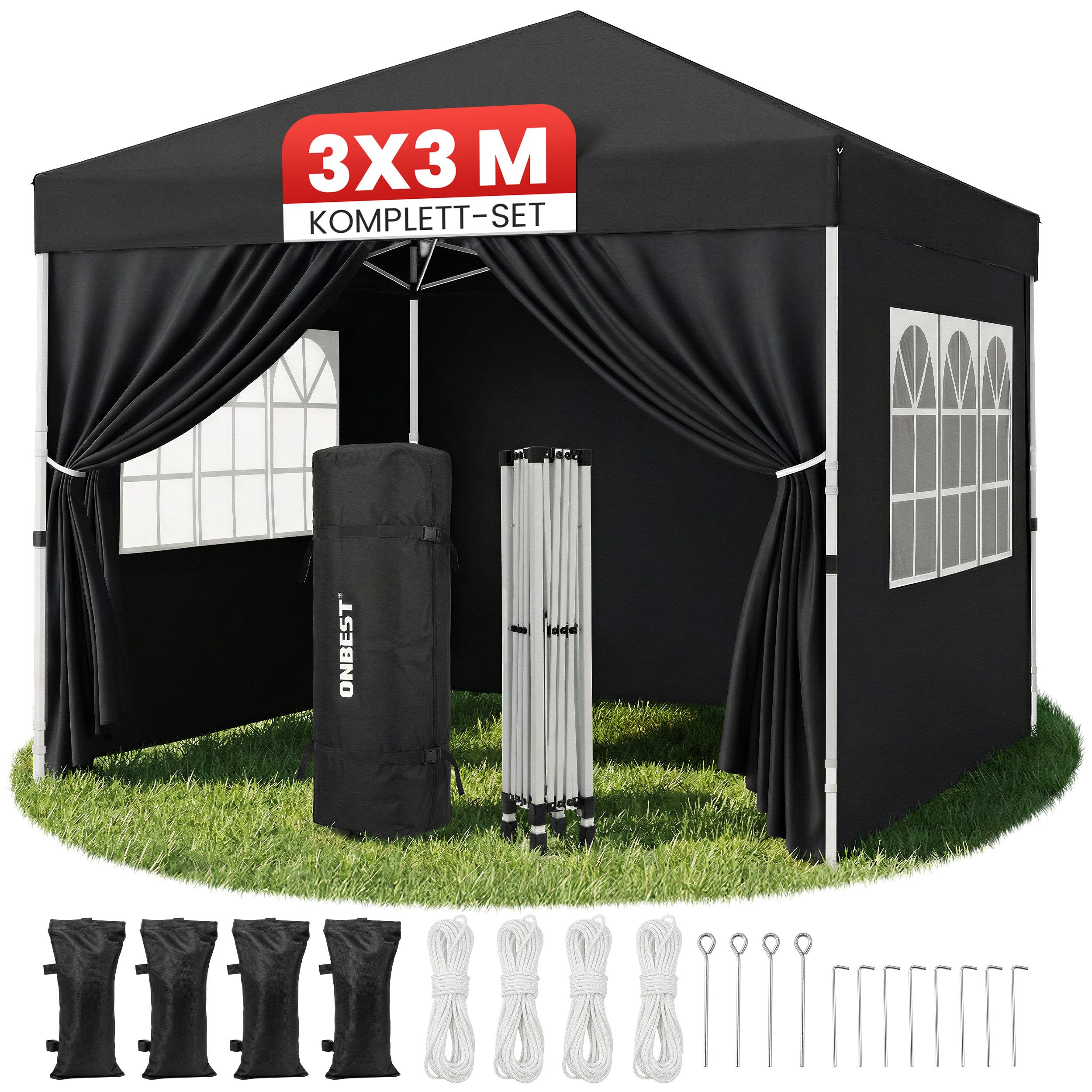 Onbest Pavillon Partyzelt Faltpavillon, patentiertes Quick-Up Aufbau in 1min, 3x3 m, mit 4 Seitenteilen, mit 4x Sandsäcke, 100% Wasserdicht, UV50+, mit Trolley