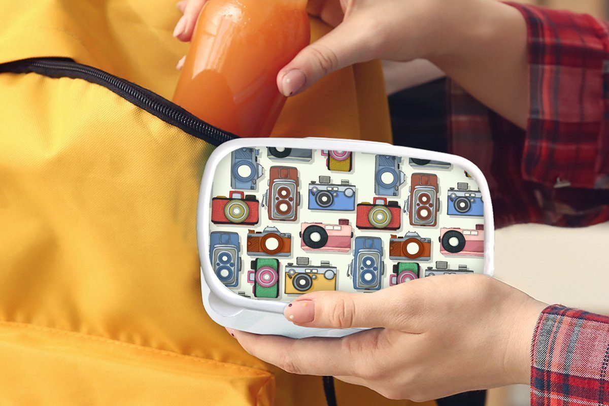 MuchoWow Lunchbox Retro - Kamera für und für weiß Mädchen Kinder und Jungs Kunststoff, Fotografie, Brotdose, (2-tlg), Brotbox - Erwachsene, Muster 
