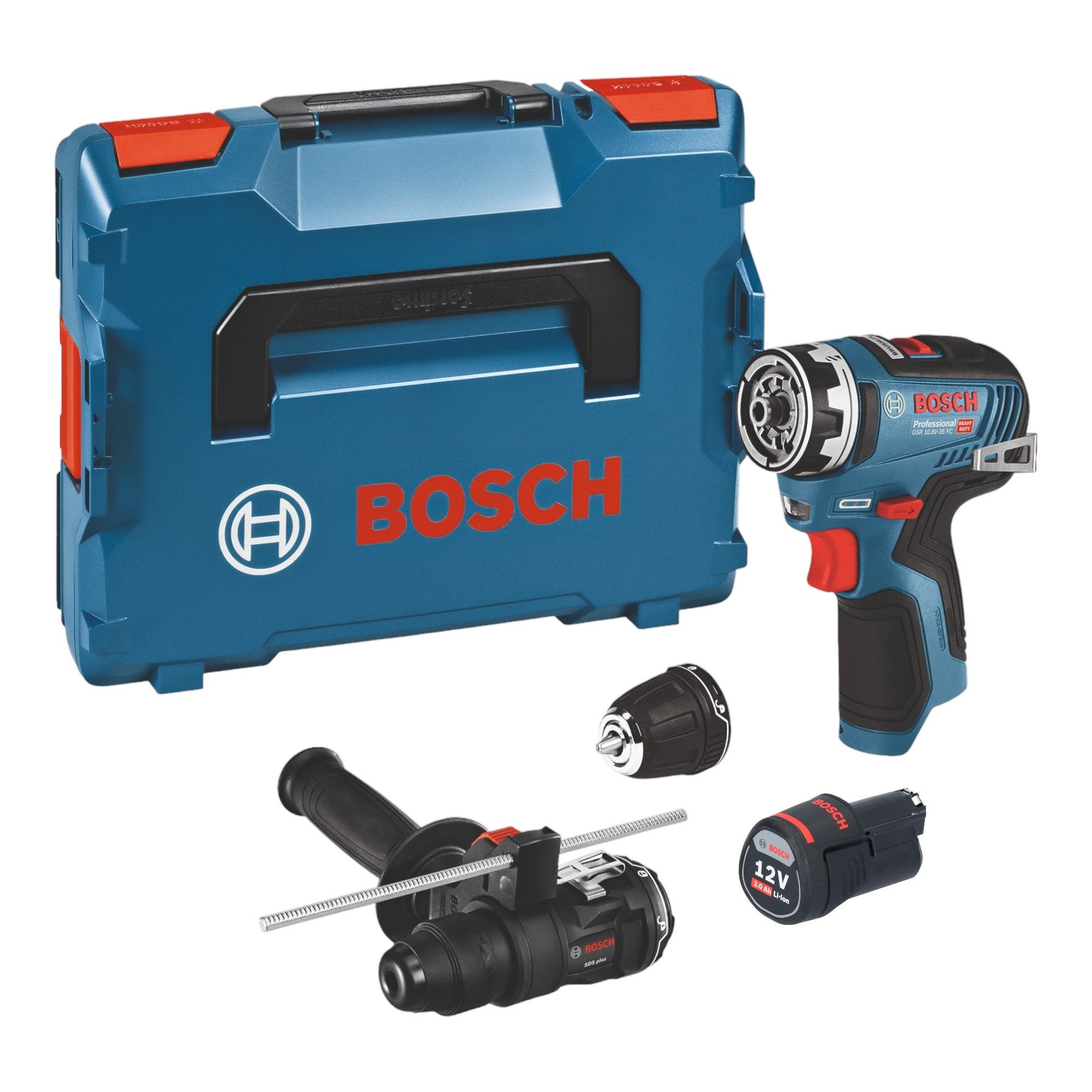 Bosch Professional Säulenbohrmaschine GSR 12V-35 FC 12 V 35 Nm + 1x Akku 3,0 Ah + 2x Aufsatz + L-Boxx