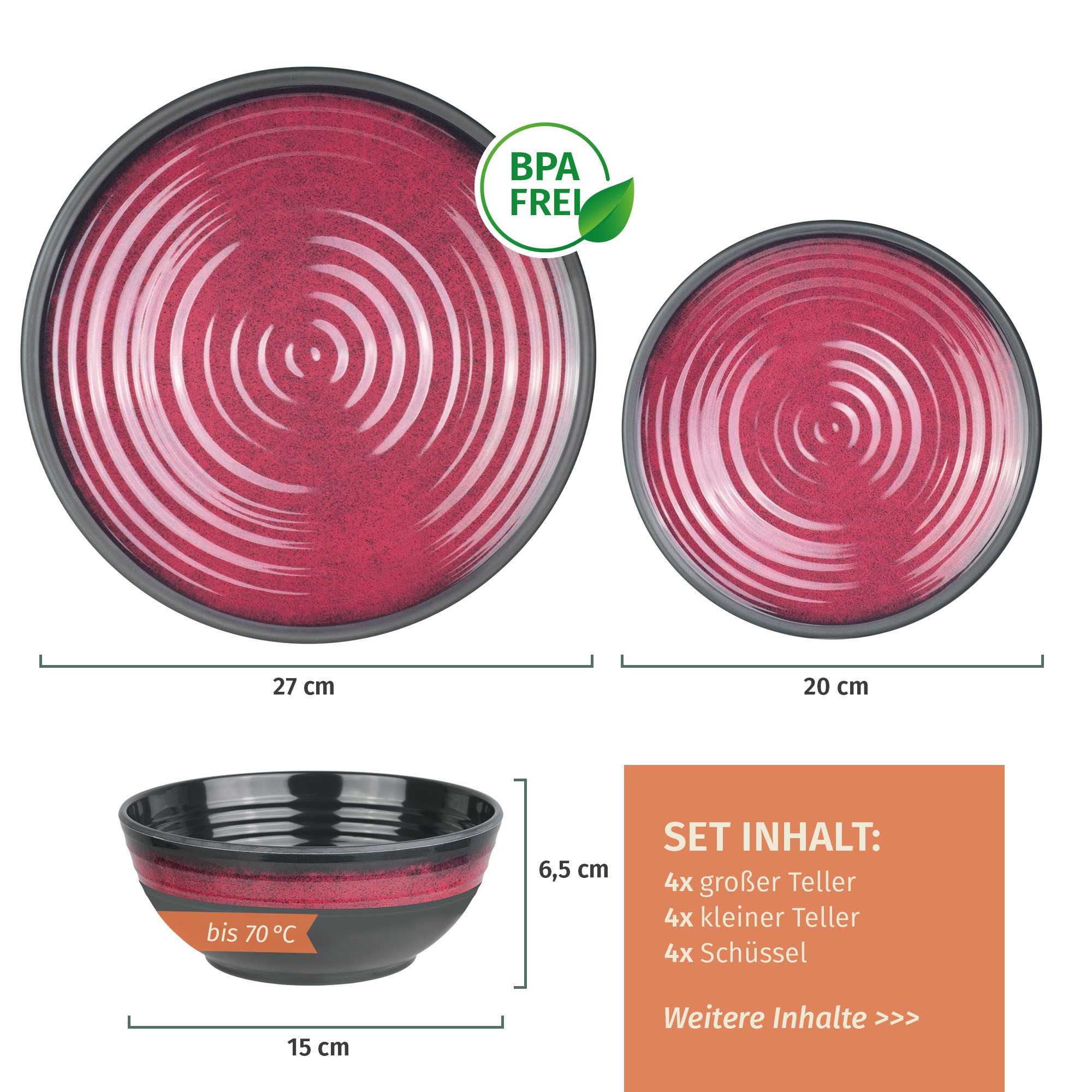 Moritz Geschirr-Set Camping Geschirr Stone Red + 16 Tiamo Gläsern