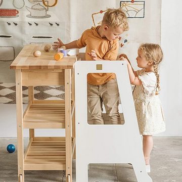 MeowBaby Stehhilfe Lernturm für Kinder Montessori Premium Lernstuhl Weiß (1 St), Kinderhocker, Höhenverstellbar, Abgerundete Ecken & Kanten