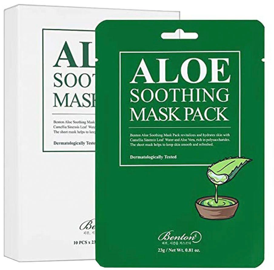 Benton Tuchmaske ALOE SOOTHING MASK PACK Packung, 10-tlg., für empfindliche Haut, beruhigt sofort und spendet Feuchtigkeit