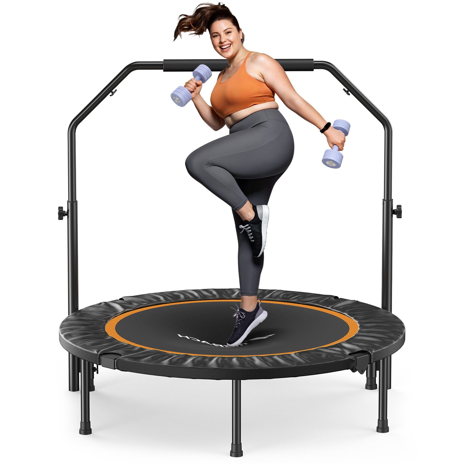 MERACH Fitnesstrampolin Klappbar Fitness Trampolin, Indoor Trampoline mit Verstellbar Griff, Ø 120 cm, (1 tlg), Leise Rebounder trampolin für Erwachsene, Kinder, Jumping fitness
