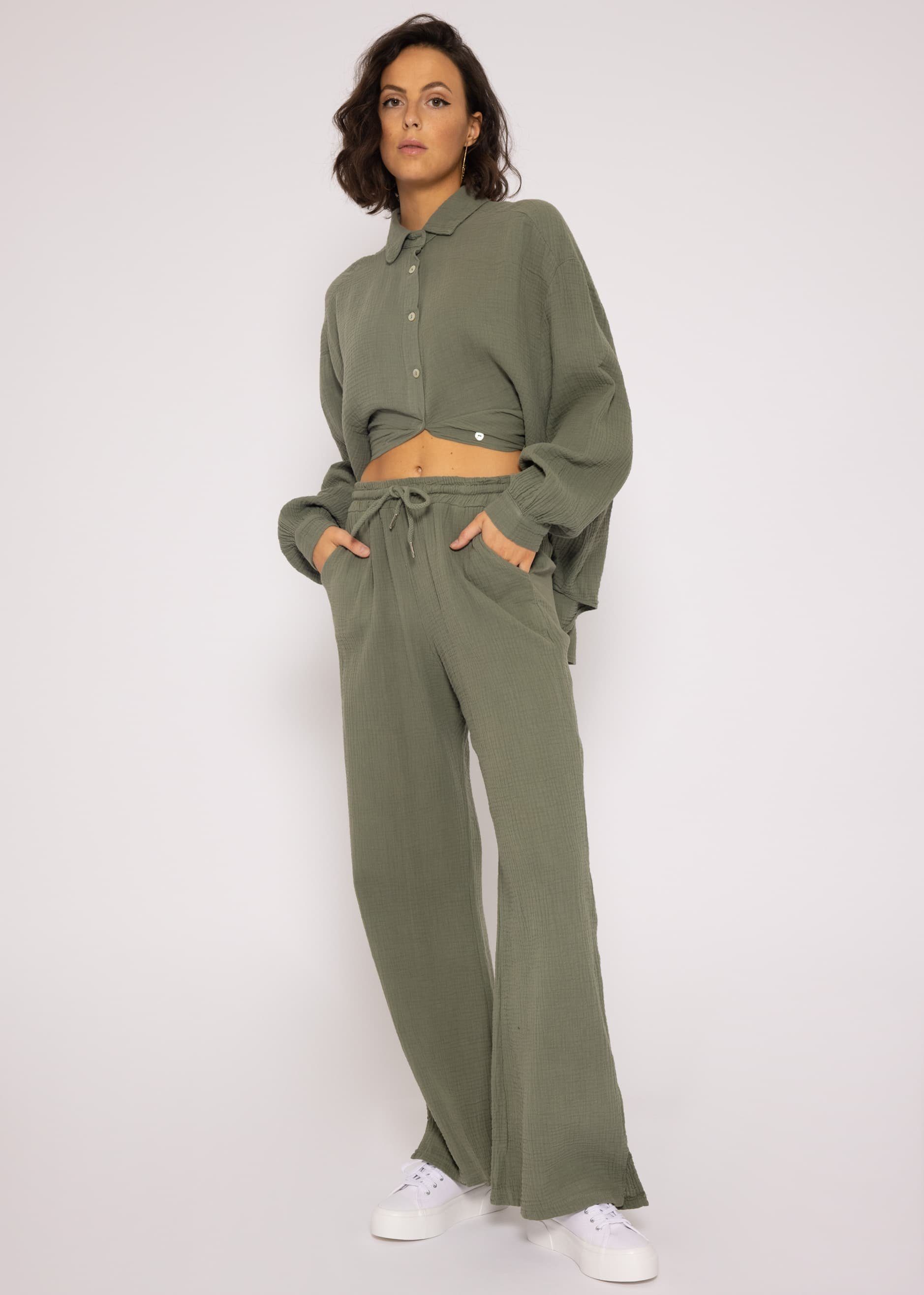 SASSYCLASSY Longbluse Size mit Damen Oversize Baumwolle Bluse Musselin 36-48) One Langarm lang Hemdbluse aus Khaki V-Ausschnitt, (Gr