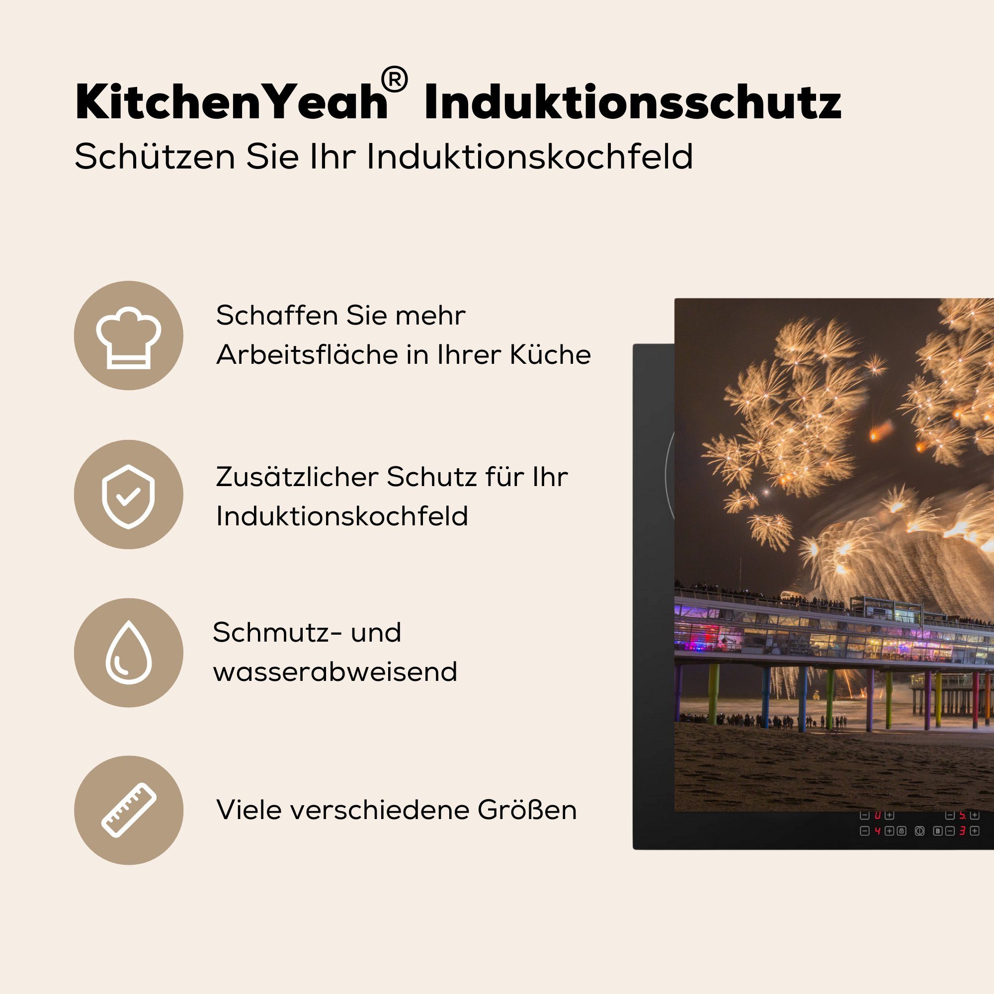 Vinyl, Goldenes 81x52 die küche, für Ceranfeldabdeckung Induktionskochfeld MuchoWow Feuerwerk Herdblende-/Abdeckplatte von Scheveningen, Schutz (1 Pier cm, am tlg),