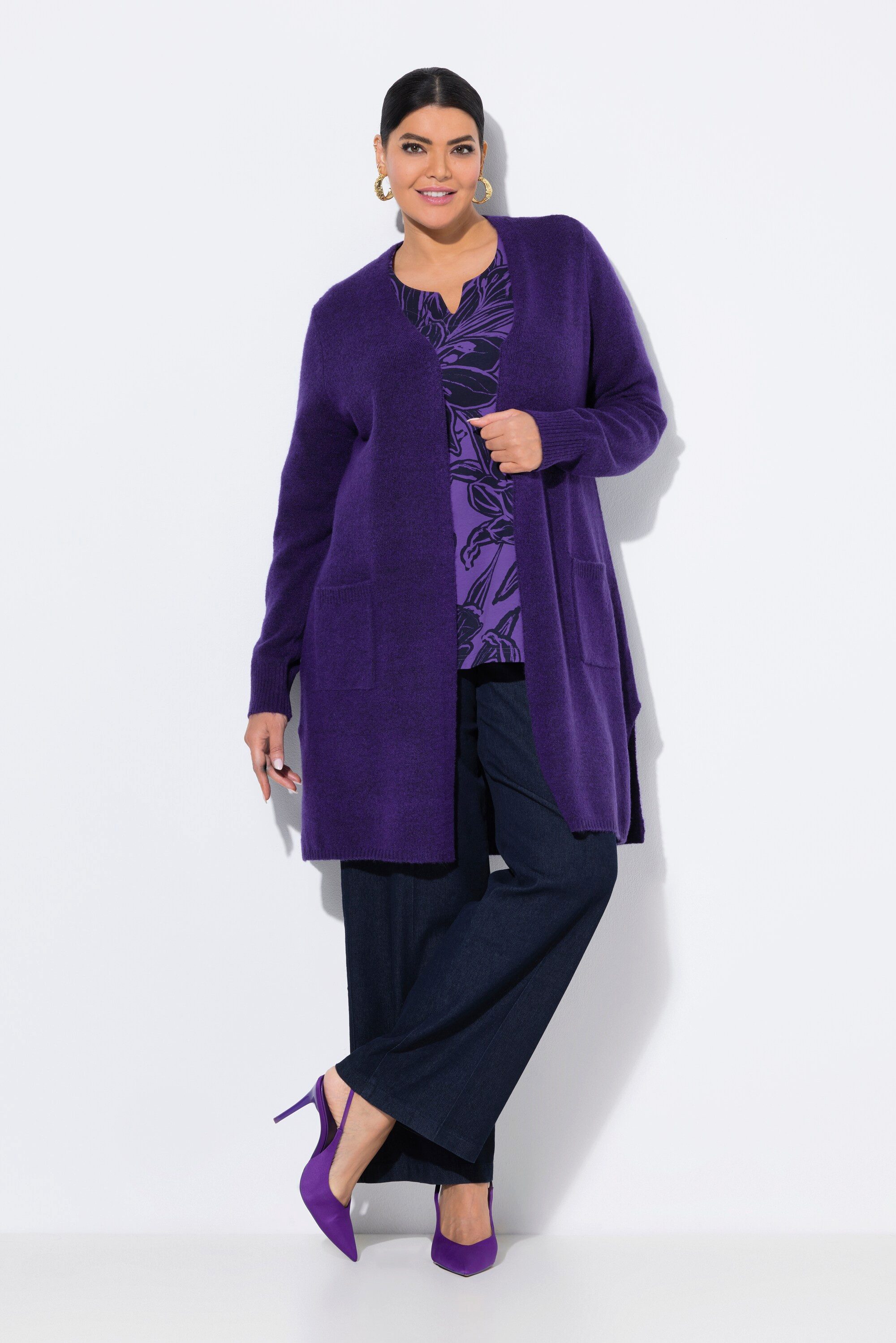 Ulla Popken Strickjacke Long-Strickjacke offene Form V-Ausschnitt günstig online kaufen