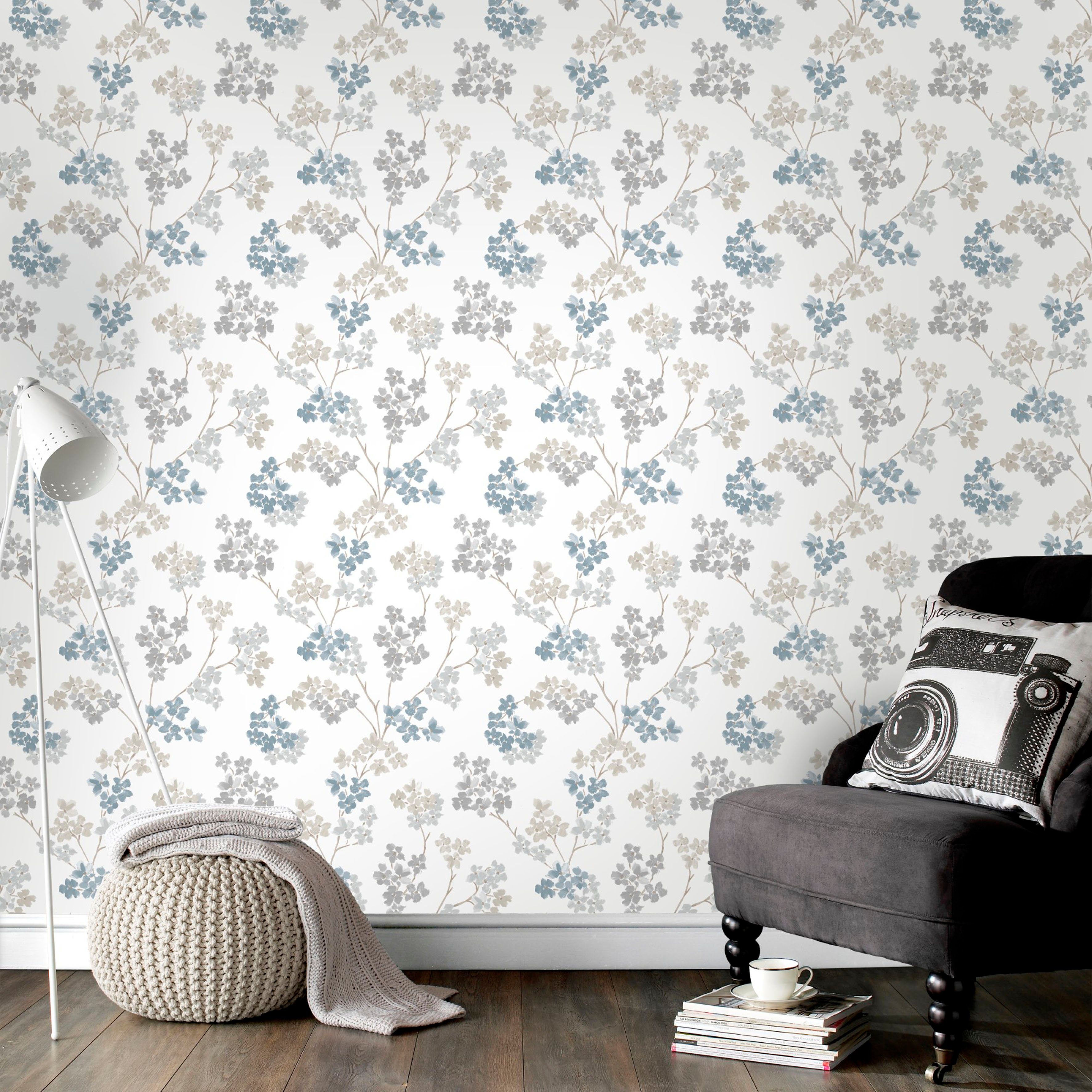 Superfresco Easy Vliestapete Bailey - Blumen, glatt, geblümt, (1 St), Blau/Grau - 10m x 52cm