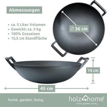 holz4home Wok Gusseisen Wok Set inkl. Holzdeckel ⌀ 36cm, Gusseisen (4-tlg Set)
