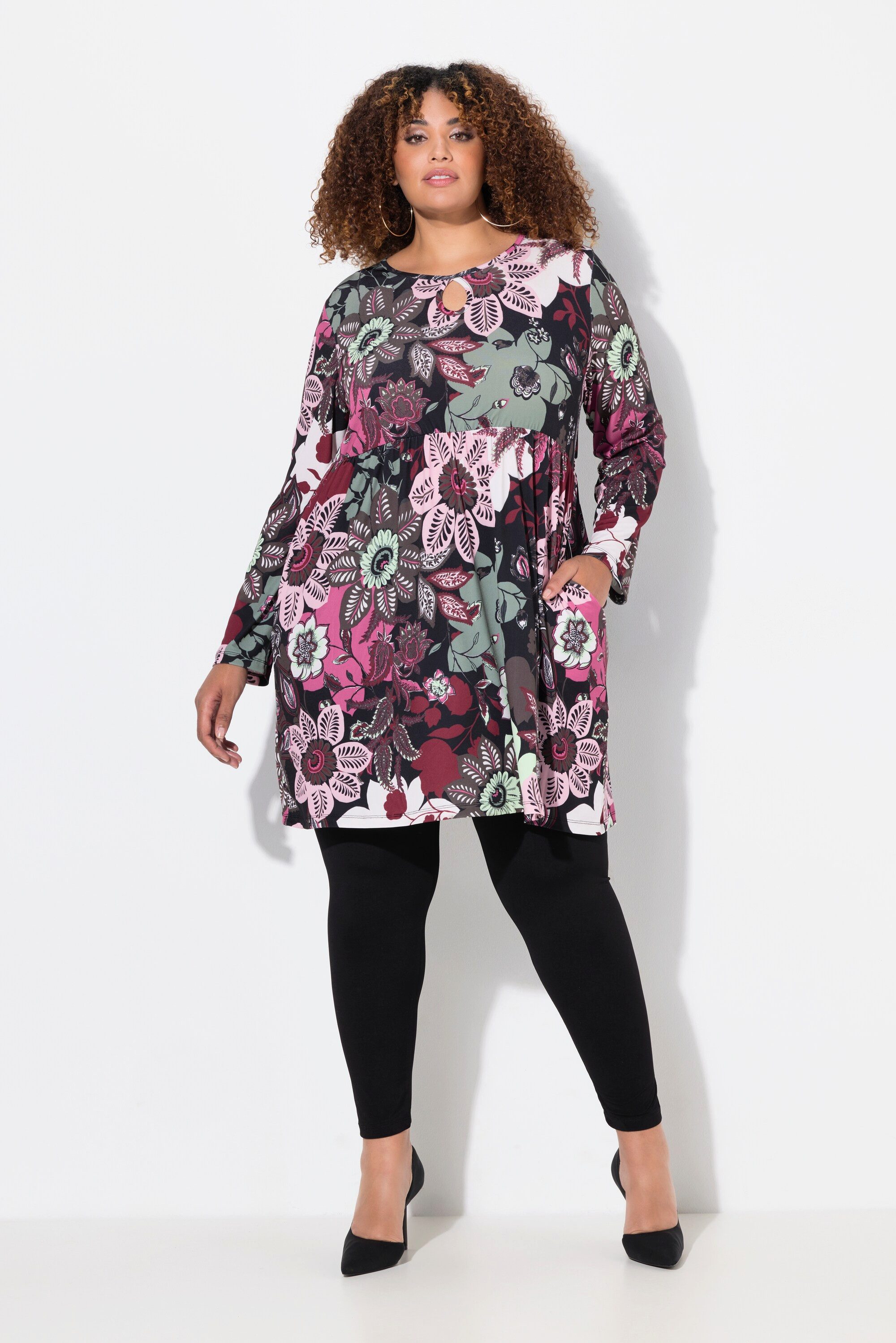 Ulla Popken Longshirt Longshirt A-Linie Rundhals Keyhole Langarm
