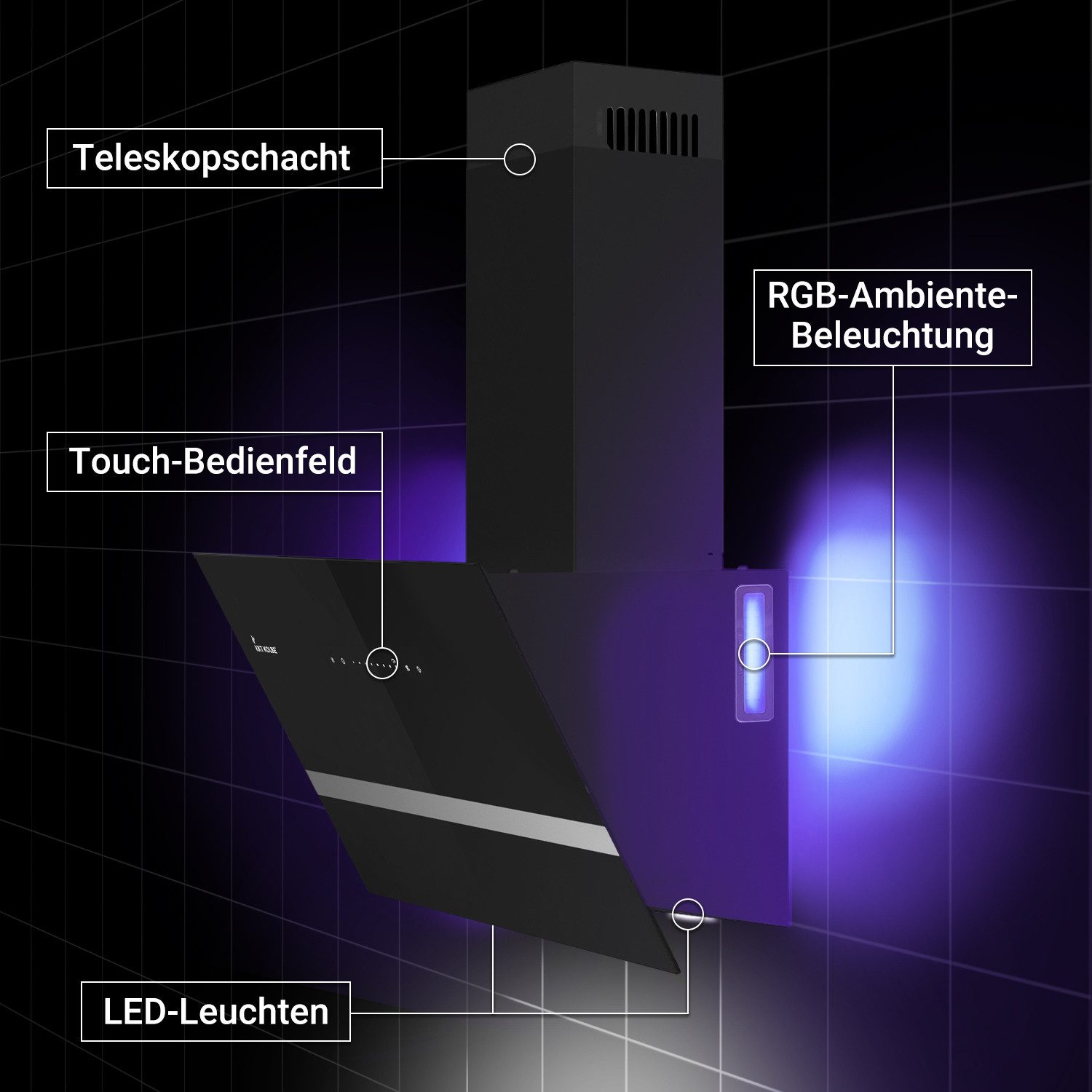 KKT KOLBE Wandhaube Dunstabzugshaube 80cm EASY8005SM RGBW Ambientebeleuchtung Abzugshaube / Abluft / 80cm / Schwarz / Glas / LED / Smarte WiFi-App – Bild 3 von 5