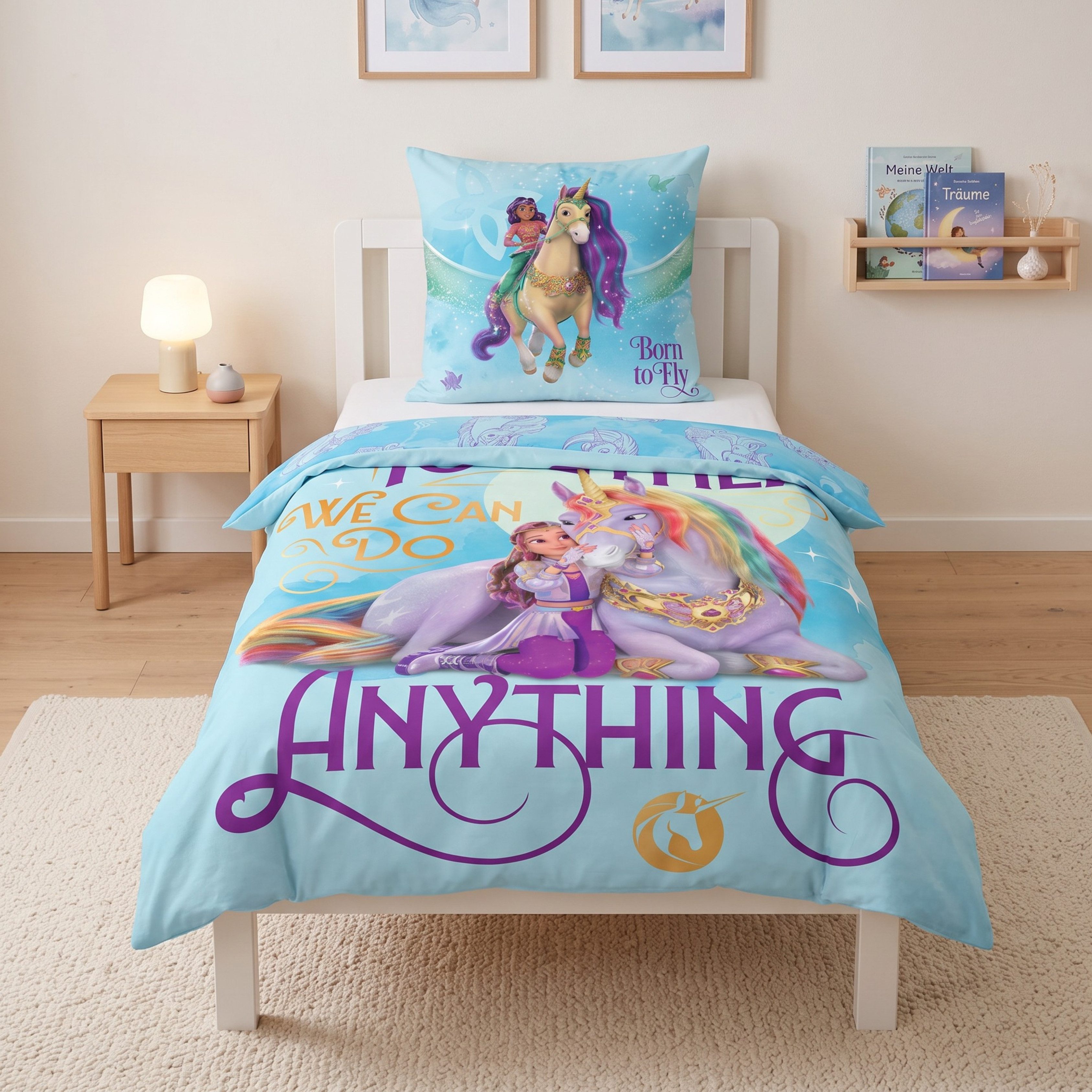 MTOnlinehandel Bettwäsche Unicorn Academy 135x200 cm, Sophia & Einhorn, Mikrofaser, 2 teilig, Wendebettwäsche mit Sophia, Wildstar, Ava & Layla