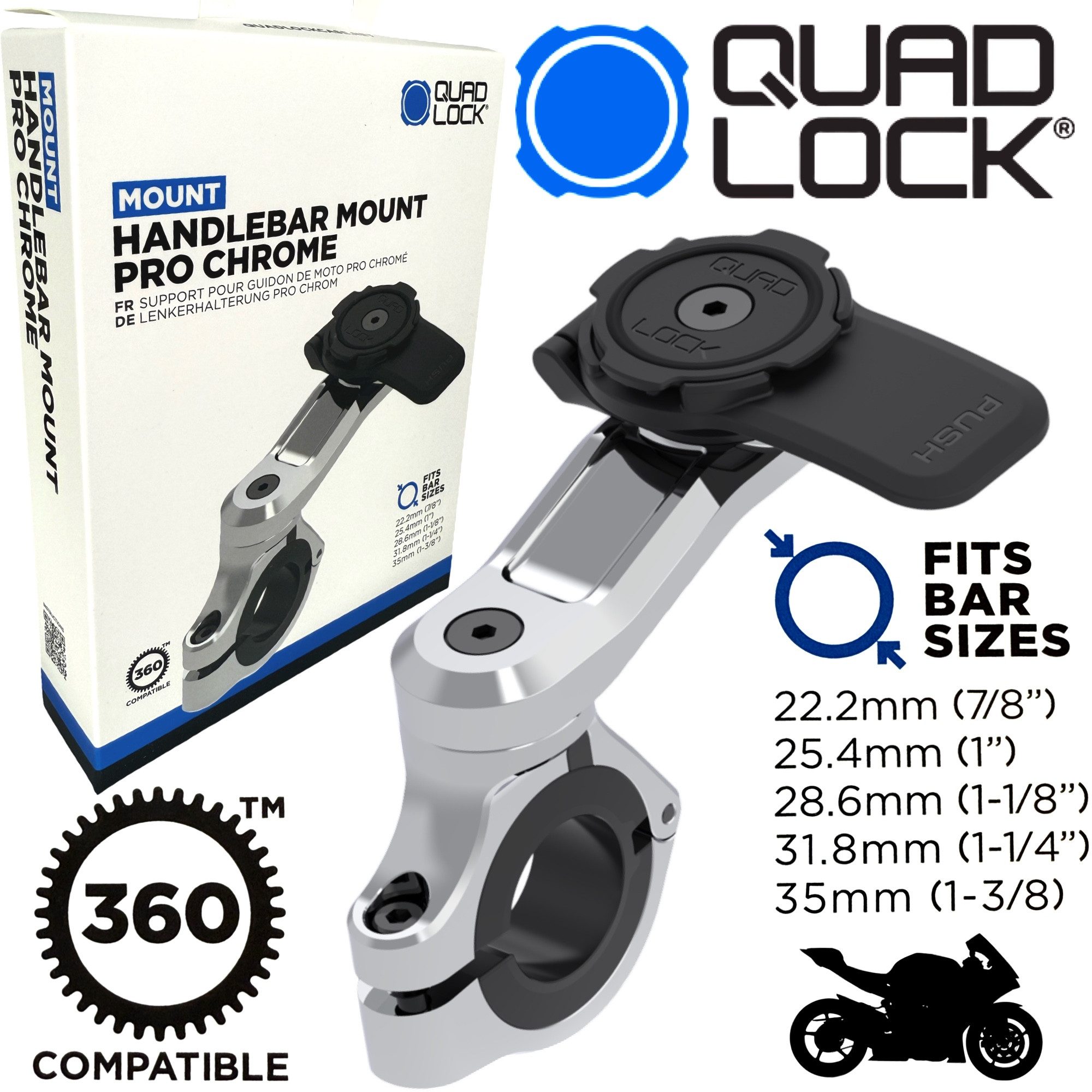 Quad Lock Handy-Halterung QUAD LOCK Motorrad Pro Lenkerhalterung Handy Smartphone Chrome