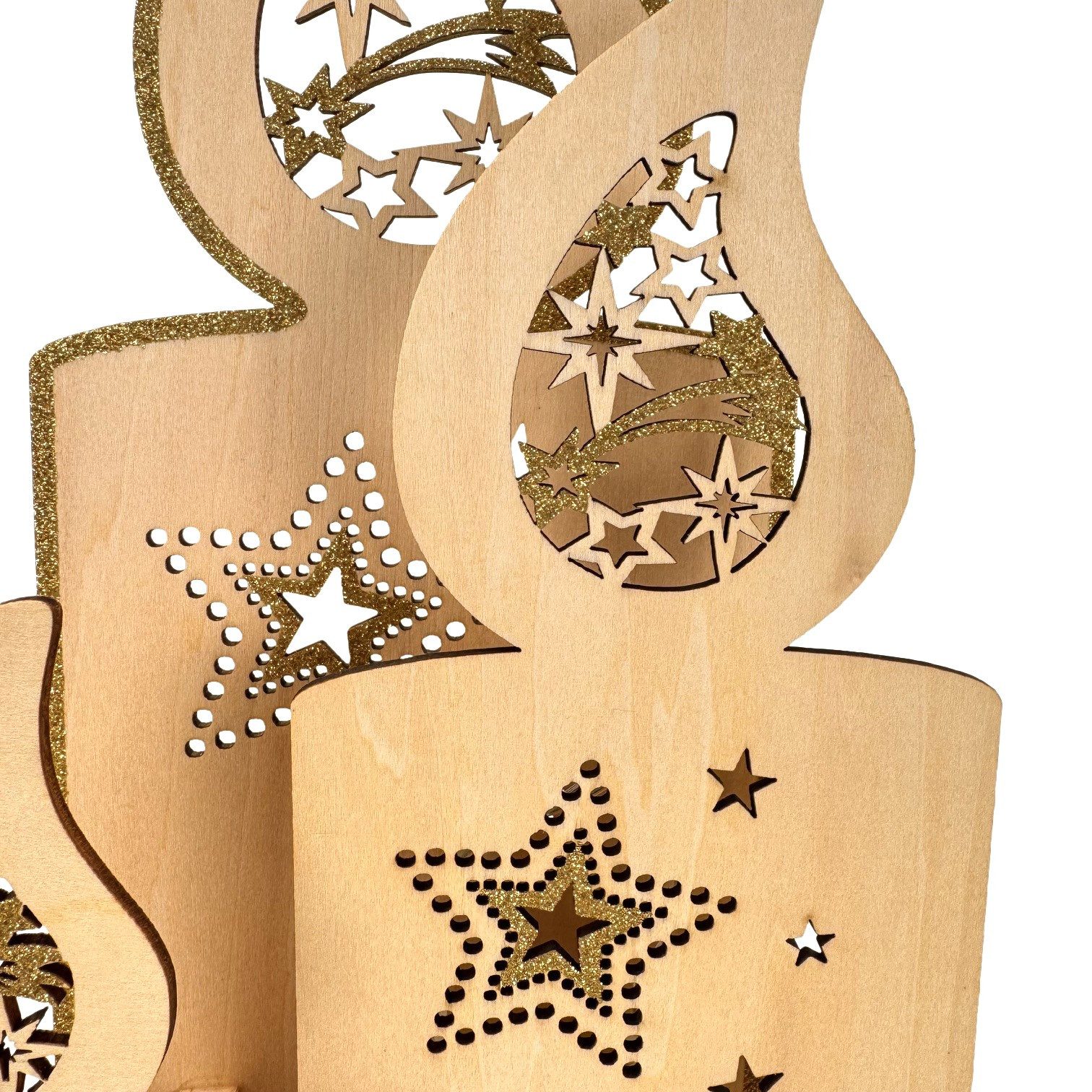 Online-Fuchs LED-Dekofigur 3 große Kerzen aus Holz mit Sternen und Timer- Weihnachtsdeko (mit goldenen Applikationen, 49 cm hoch), praktische 6-Stunden Timerfun – Bild 3 von 4