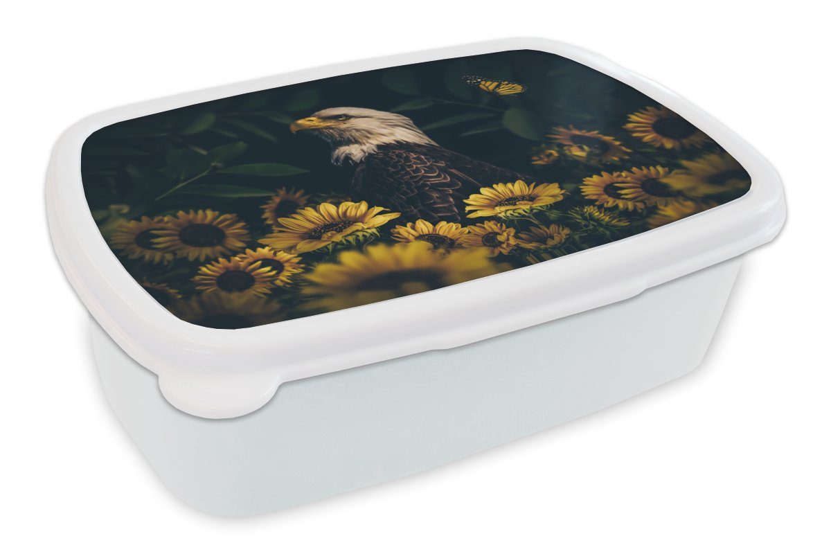 MuchoWow Lunchbox Adler - Gelb - Blumen - Botanisch, Kunststoff, (2-tlg), Brotbox für Kinder und Erwachsene, Brotdose, für Jungs und Mädchen weiß