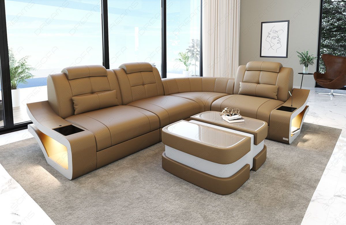 Sofa Dreams Ecksofa Ledersofa Elena Mini L Form, Designersofa, Sofa mit Licht und USB