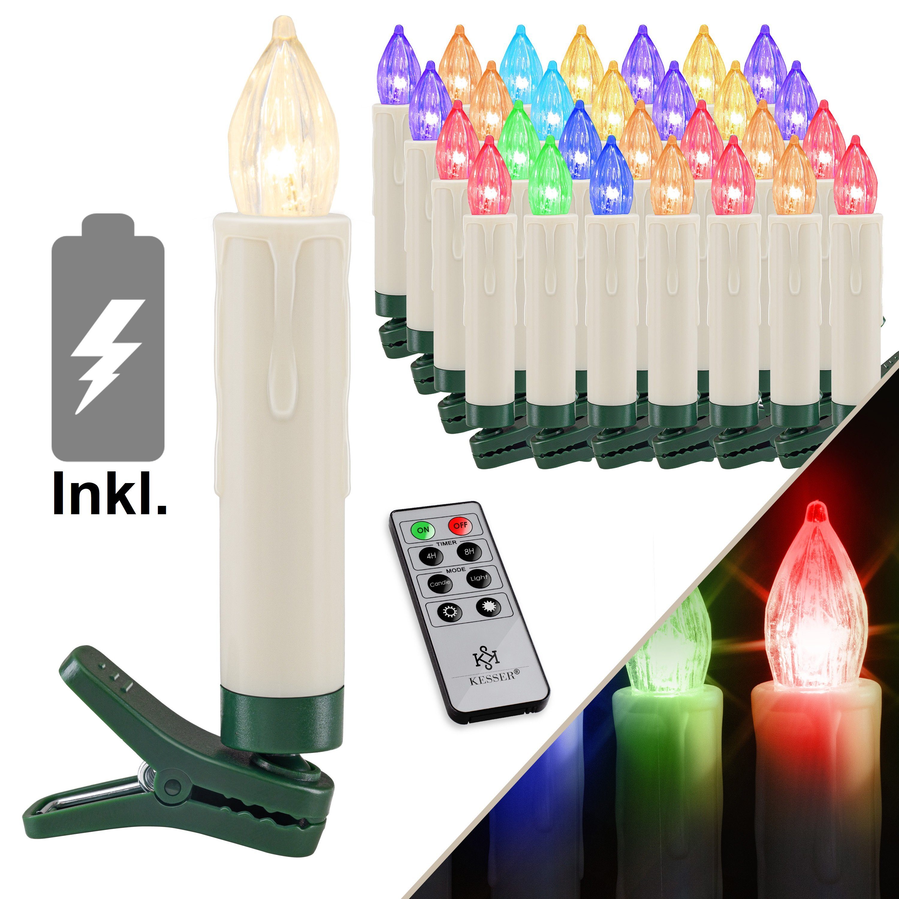 LED-Kerze, Kerzen LED Weihnachtsbaum Inkl. Batterien Kabellos Warmweiß mit Fernbedienung Funk Timerfunktion Flackern Dimmbar Weihnachtskerzen Christbaumkerzen Befestigungsklammern Kerzen