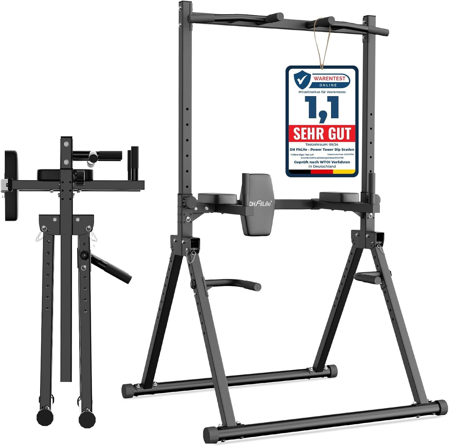 DH FitLife Kraftstation Faltbar Power Tower Dip Station bis 210kg, (Klimmzugstange Freistehend mit Dip Barren u. Rückentrainer), höhenverstellbare Kraftturm, Kraftstation, Power Rack for Home Gym