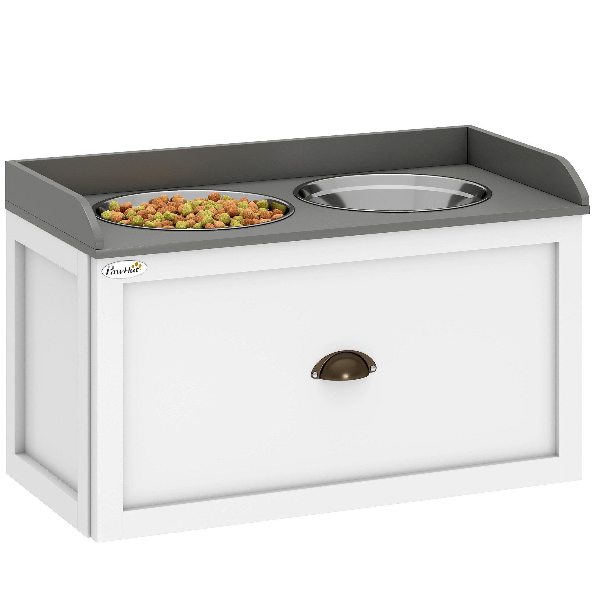 PawHut Futternapf erhöhter Fressnapf mit Schublade, Edelstahl, Weiß 60 x 30 x 36 cm