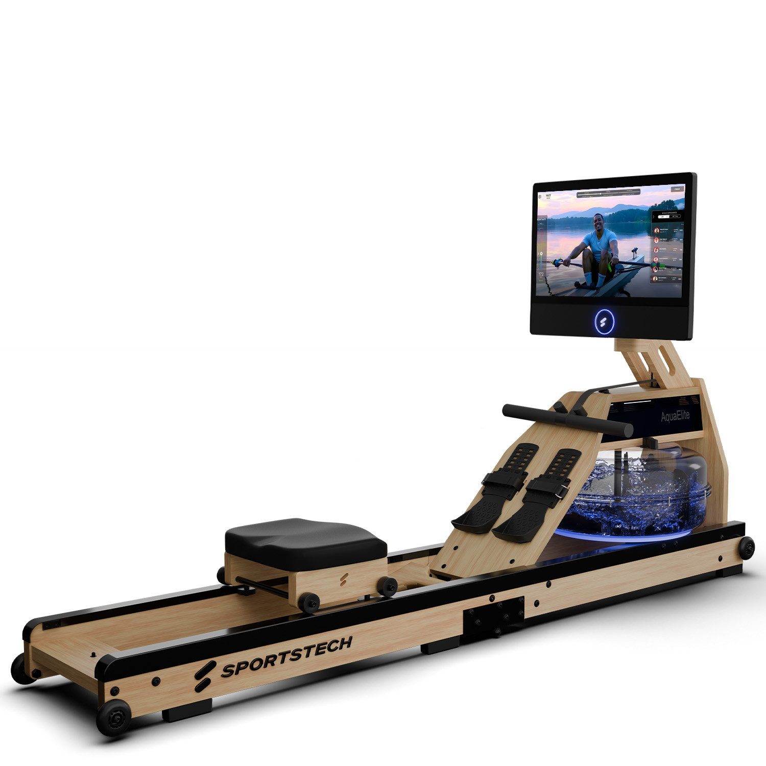 Sportstech Rudergerät AquaElite Wasserrudergerät, LED, App-Konnektivität, klappbar, Natur Massivholz, bis 120kg