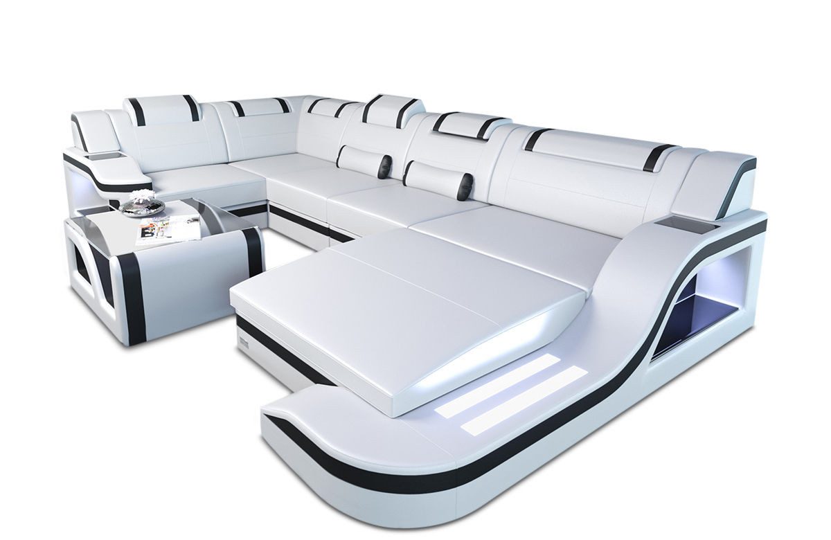 Sofa Dreams Wohnlandschaft Ledersofa Palermo U Form Mini, Designersofa Couch, mit LED Licht und USB Anschluss