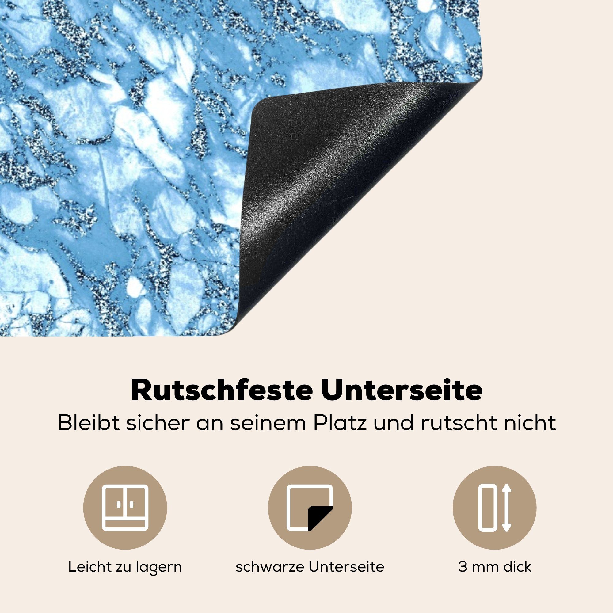 Glitter Marmor die cm, - Schutz Herdblende-/Abdeckplatte Vinyl, (1 küche, 81x52 tlg), für Ceranfeldabdeckung MuchoWow - Induktionskochfeld Blau,