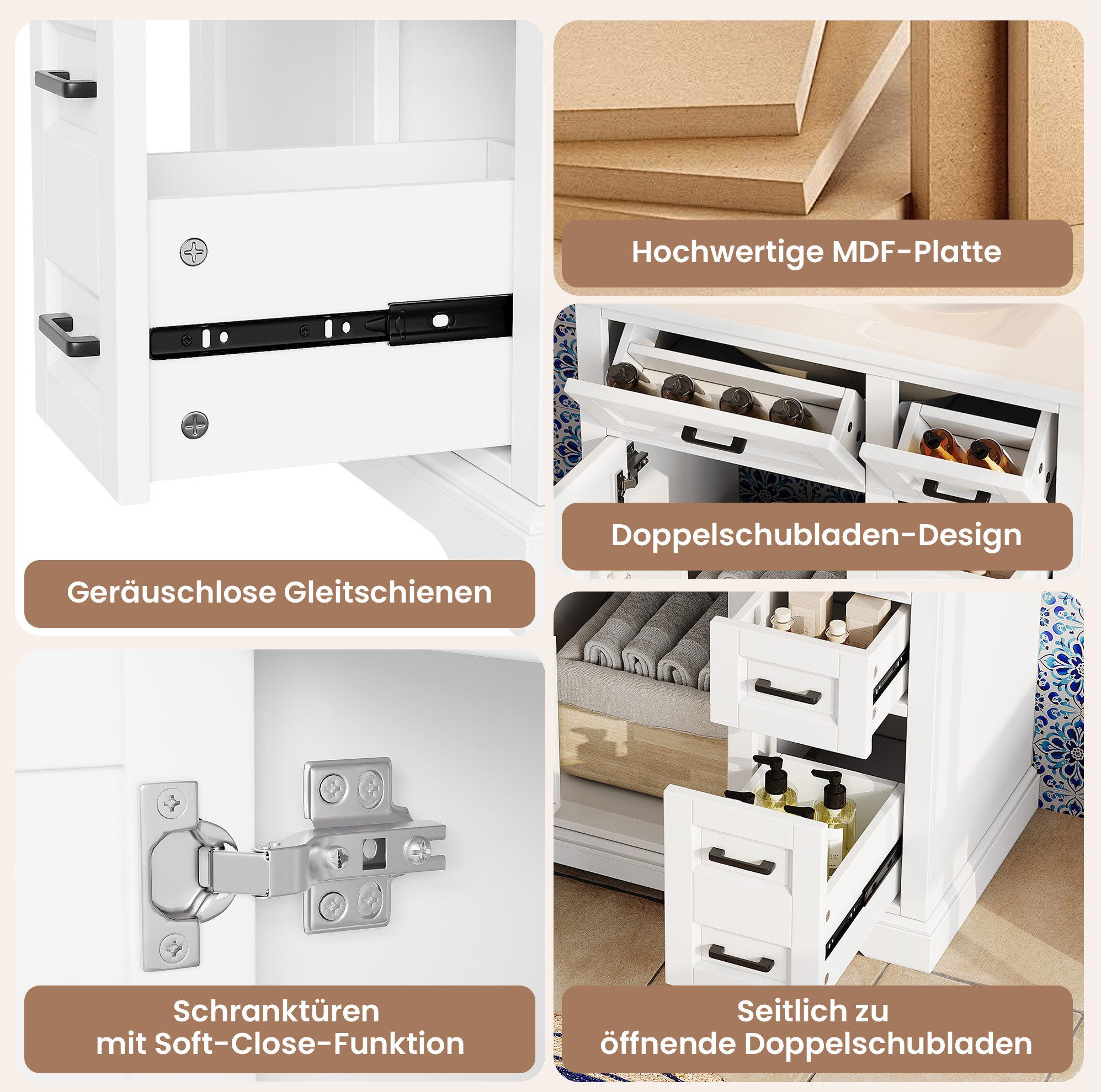 REDOM Waschbeckenunterschrank Badezimmerschrank 76x47x82 cm, mit integriertem Keramikbecken (seitlicher 2-Ebenen-Schublade, lackierter Oberfläche und sanfter Türschließung) Badmöbel, Badschrank