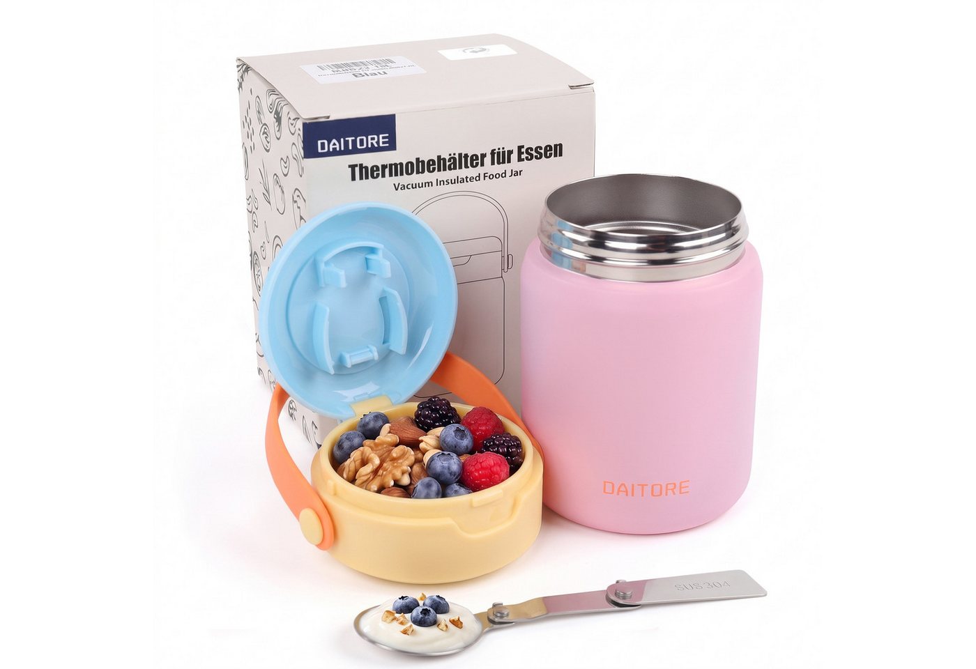 DAITORE Thermobehälter 480ml Thermobehälter Edelstahl 304 mit Löffel, auslaufsicher, (Geeignet für Büro, Schule, Reisen, Vielseitige Anwendung), 5h warm & 8h kalt, BPA-frei bruchfest doppelwandig isoliert