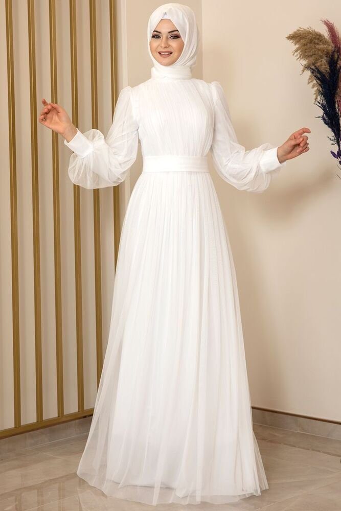 Kleid Damenkleid Ekru-Weiß Abiye Langärmliges Tüllkleid Abendkleid Hijab Abaya Maxikleid Modavitrini