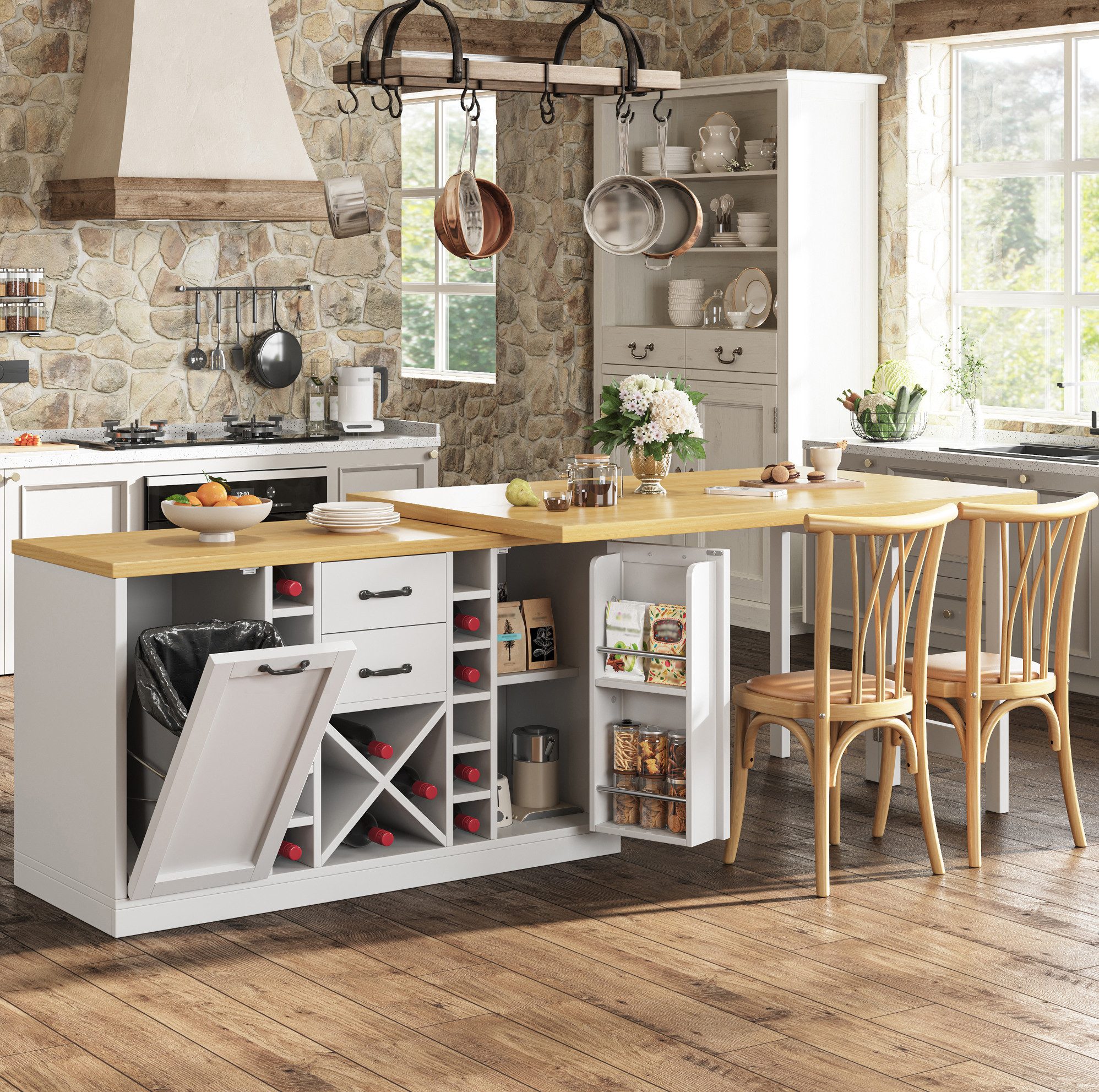 OKWISH Kücheninsel Küchenwagen 120–223cm mit 360° Drehfunktion und Stauraum, (Seitenregale für Snacks und Halterung für Mülleimer im Haushalt), Weißer Küchenwagen mit herausnehmbarem Weinregal für Flaschen