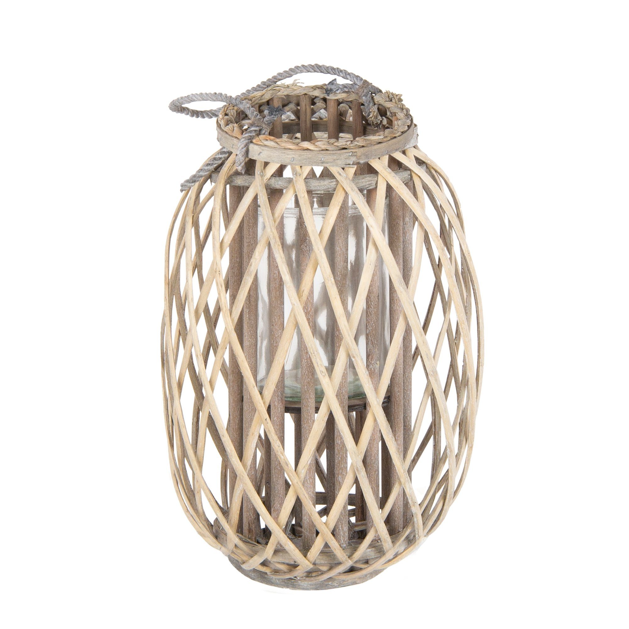 ECD Germany Kerzenlaterne Laterne Ried mit Henkel Rattan Windlicht mit Glaseinsatz Kerzenständer, 40xØ26cm Natur Korbgeflecht Handgeflochtene Gartenlaterne Kerzenhalter