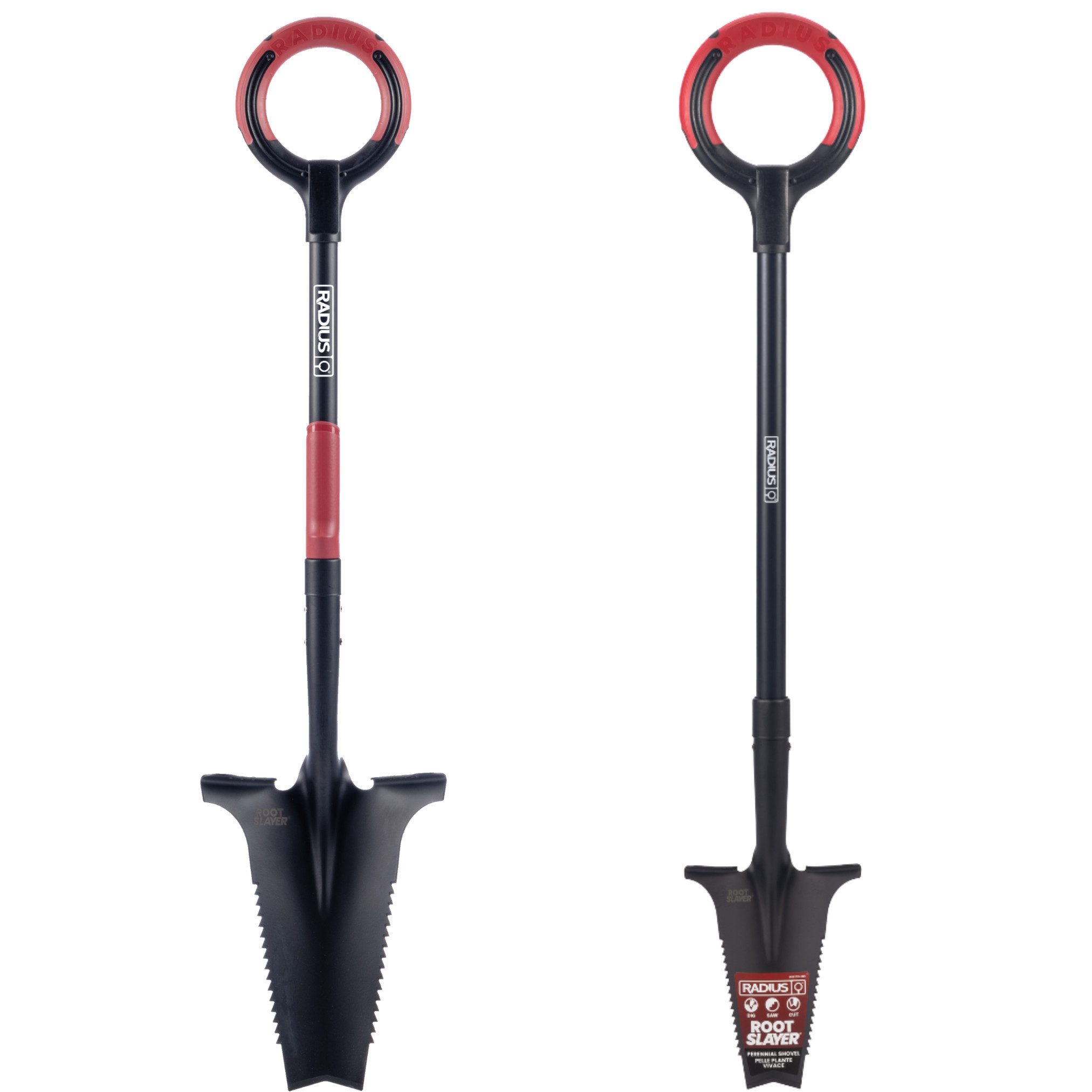 Root Slayer® Spaten 2.0 Radius Pro Wurzelspaten Mehrzweckschaufel, (Spar Set, 2-St., Wurzelspaten + Beetspaten), Multifunktionsspaten, Klinge mit Zähnen zum Schneiden der Wurzeln