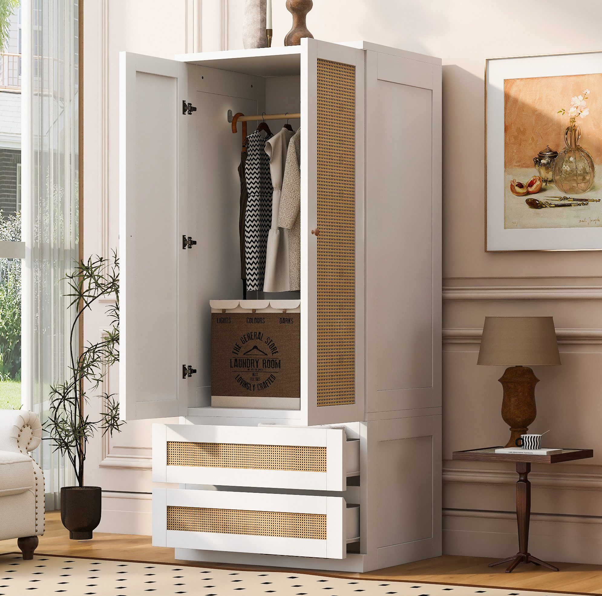 MODFU Kleiderschrank Schrank 70x55x170 cm mit Doppeltüren, Mehrzweckschrank (Rattanstruktur-Türen und vielseitigem Stauraum, moderner Garderobenschrank mit Schubladen) für Kleidung und Accessoires
