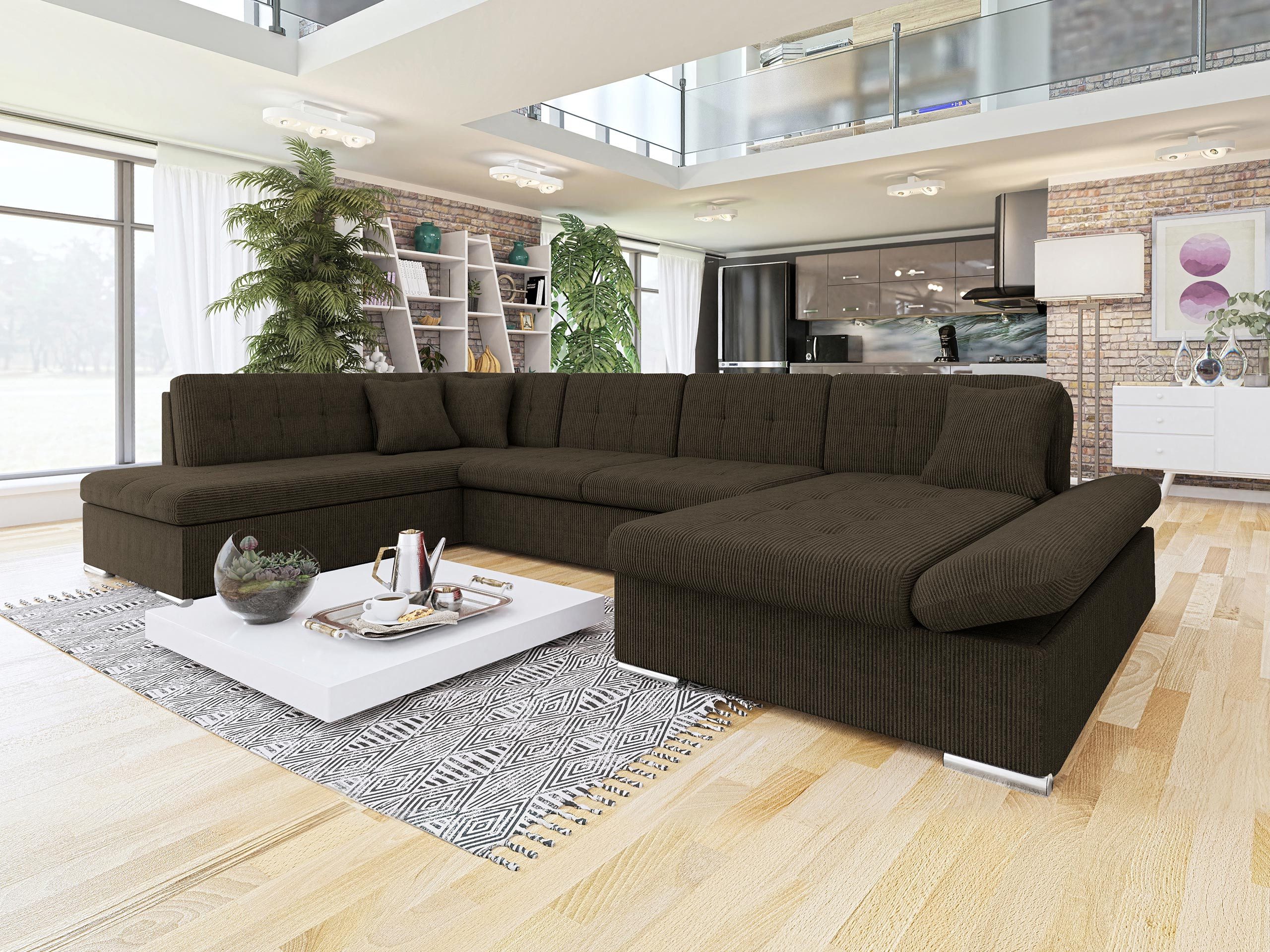 MIRJAN24 Wohnlandschaft Bergen Cord, mit Schlaffunktion und Bettkasten, Regulierbare Armlehnen, U-Form Sofa