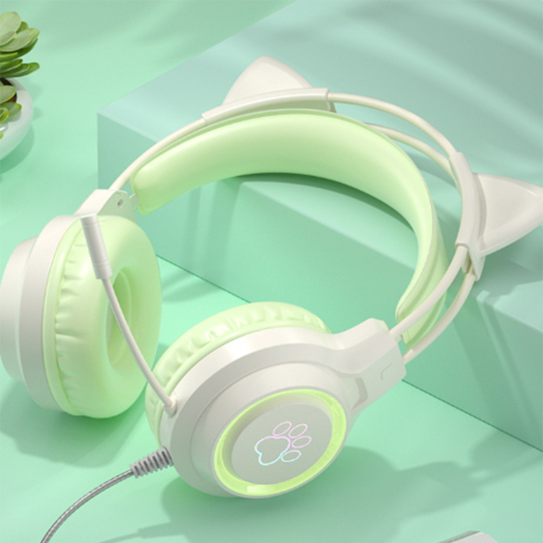 KINSI Headset,Gaming-Headset mit Katzenohren,Geräuschunterdrückung Over-Ear-Kopfhörer Grün